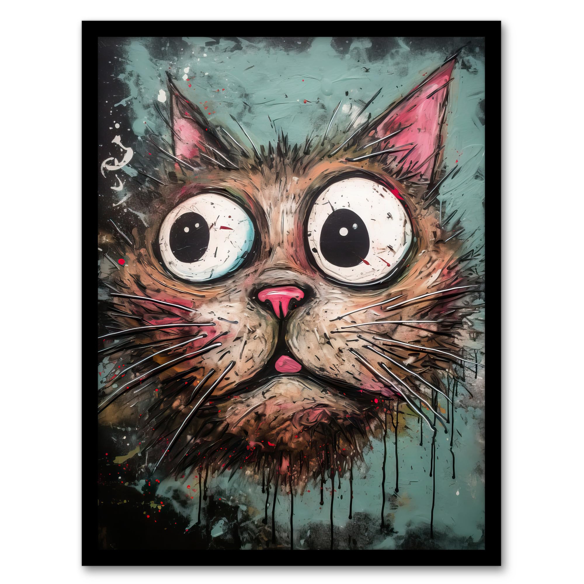 Artery8 Graffiti Street Art Bug Eyed Cat Artwork By Tom Jones Artwork Framed Wall Art Print A4