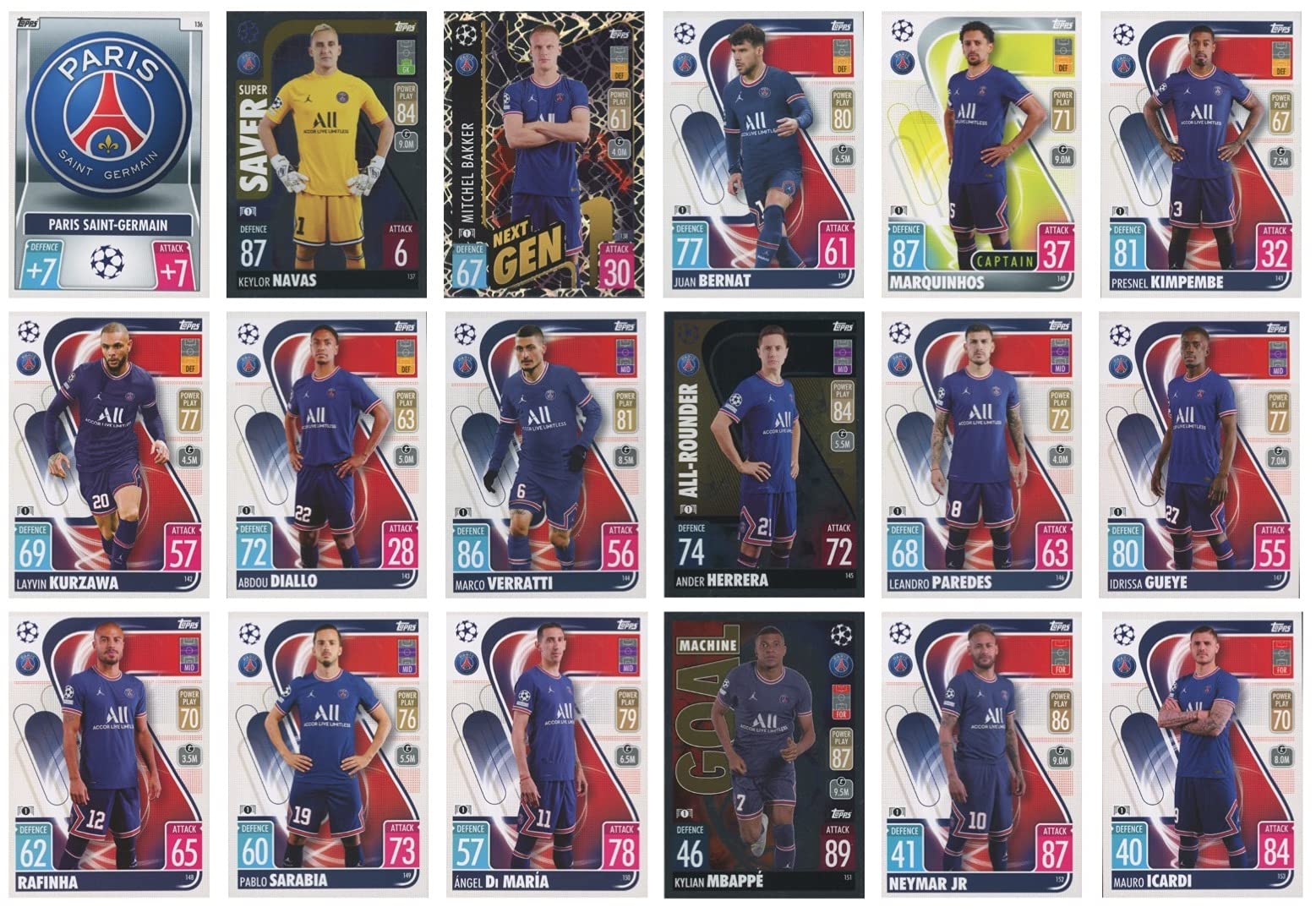 2021/22 Full 18 Card Team Set Paris Saint-Germain