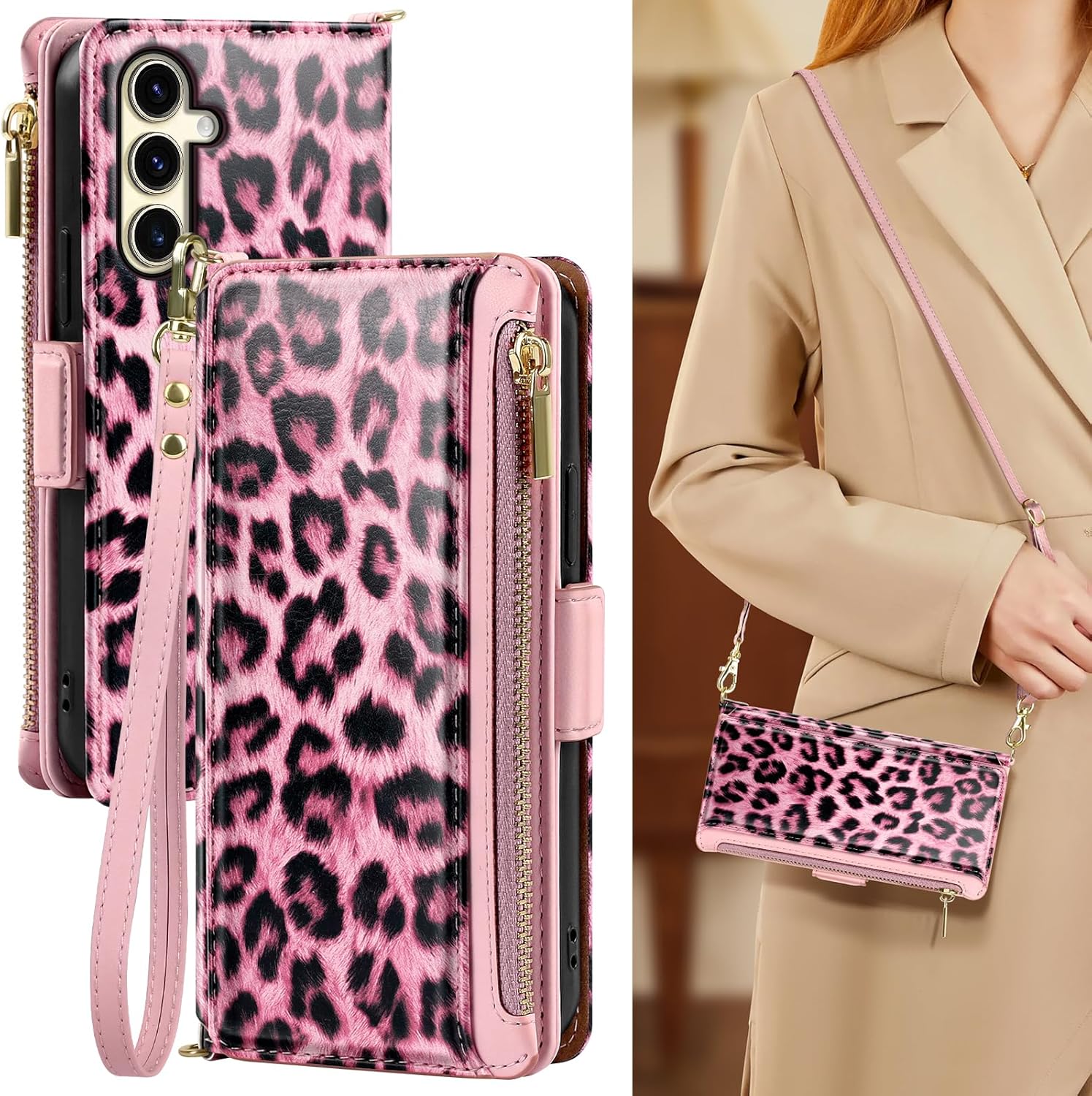 Antsturdy Compatible with Samsung Galaxy S24 Wallet Case for Women【RFID Blocking】,PU Leather Crossbody Phone Case Zipper Wrist Strap Flip Cover Credit Card Holder Slots,for S24 6.1",Wine Red