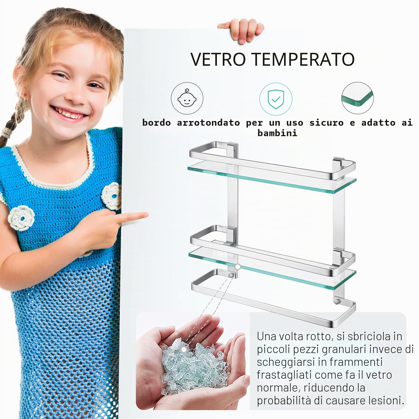 KES Mensola Bagno Vetro con Portasciugamani, Mensola Vetro Temperato 8MM di Spessore, 2-Livelli Mensola con Porta Asciugamani da Parete Alluminio Argento, A4127B