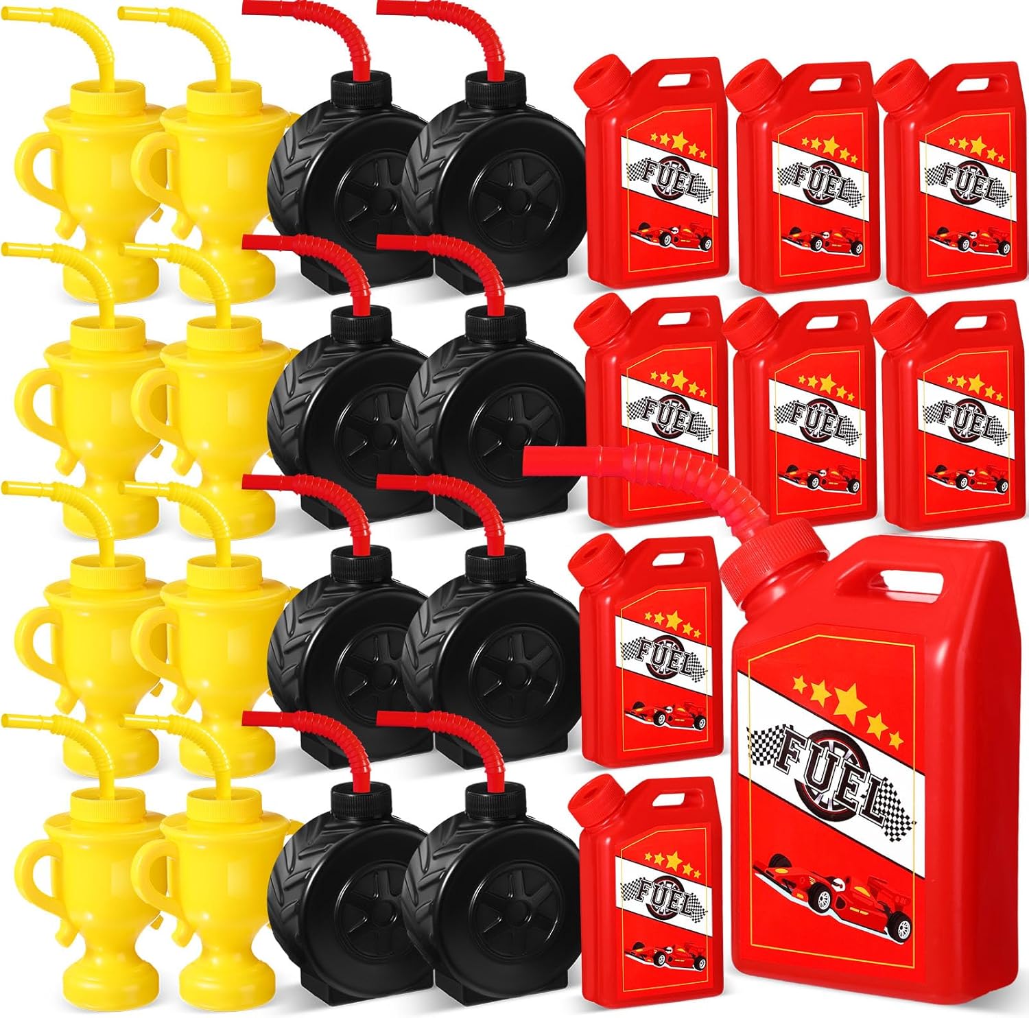 Mifoci 24 Pcs Race Car Cups with Straws Plastic Traffic Tire Shaped Cup Red Race Car Fuel Cups Yellow Trophy Cups Race Car Party Supplies for Racing Car Construction Birthday Party Decoration
