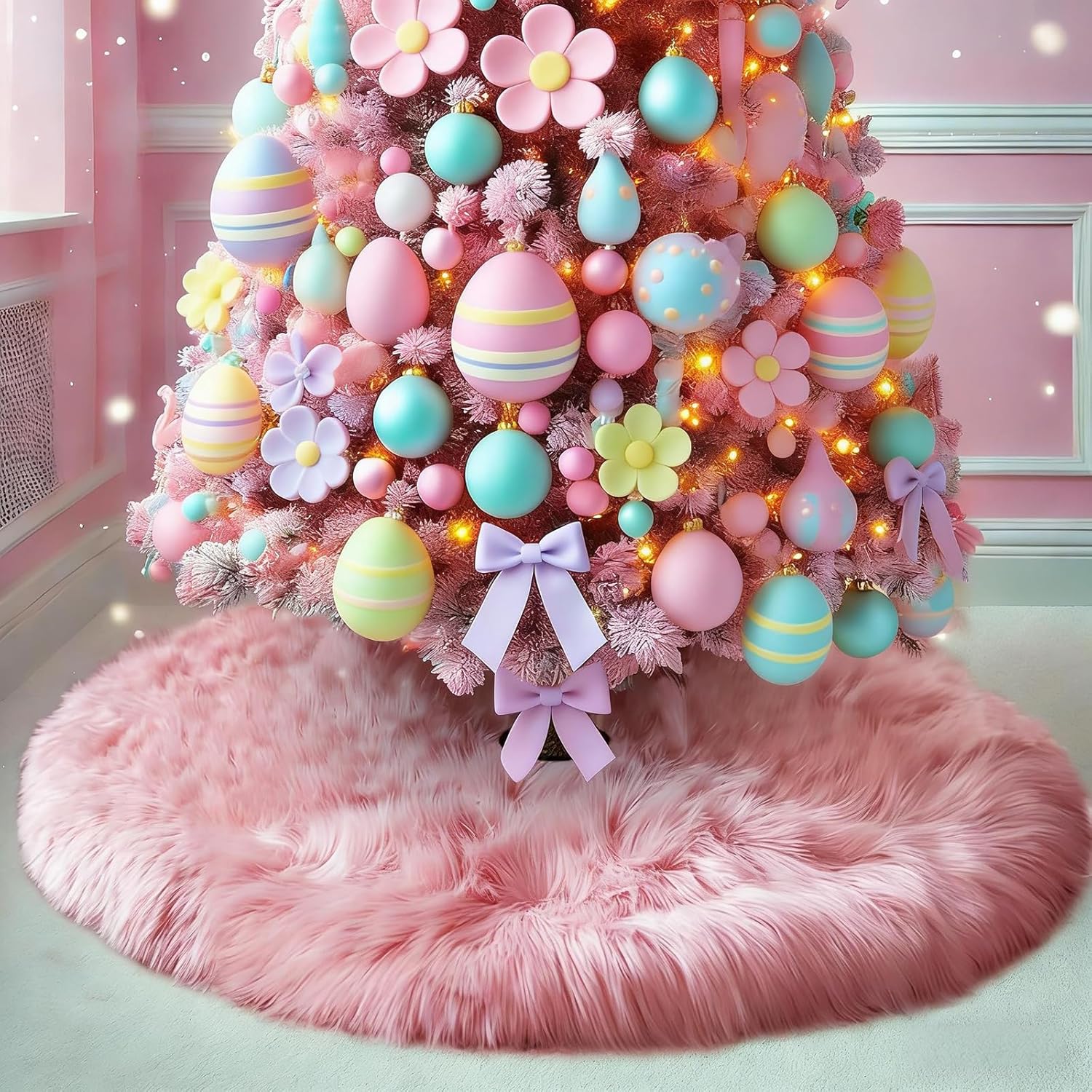 yuboo Pink Easter Tree Skirt Fur,48 inches Large Fuzzy Fur Candy Tree Skirt Rug Pink Christmas Decor & Ornaments for 7-7.5Ft Christmas Trees, Spring Wedding Decor