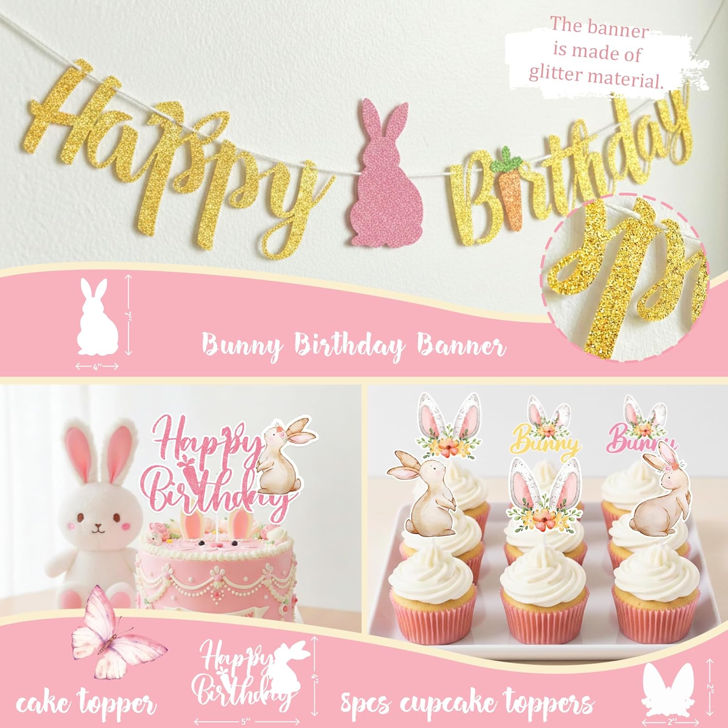 Easter Bunny Birthday Party Decorations, Spring Bunny Birthday Party Decorations for Girls, Easter-Themed Party Supplies Kit, Floral Backdrop Balloon Garland Banner Backdrop Tablecloth for Birthday