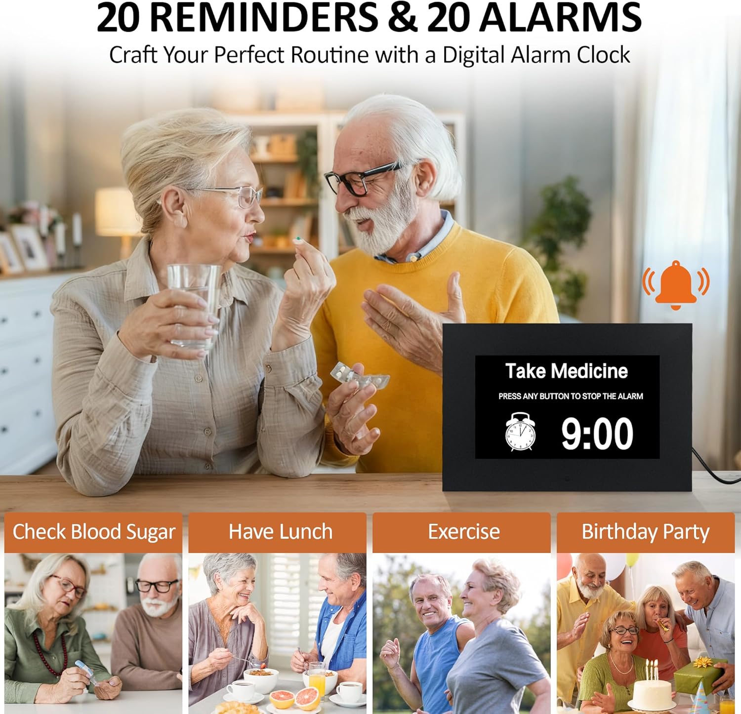 7" Digital Alarm Clock for Seniors, Dementia Clock with Day and Date for Elderly, Digital Calendar Day Clock with 20 Reminders & 20 Alarms, Auto-DST