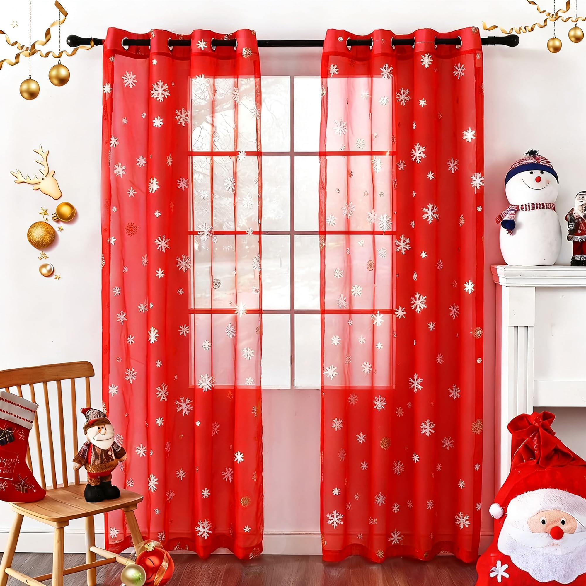youleyar Snowflake Christmas Sheer Curtains, Luxury Silver Foil Print Voile Sheer Curtains, Metallic Bronzing Treatment Pair for Holiday Window Decoration, Living Room, Set of 2 Panels Red, 52 x 96L