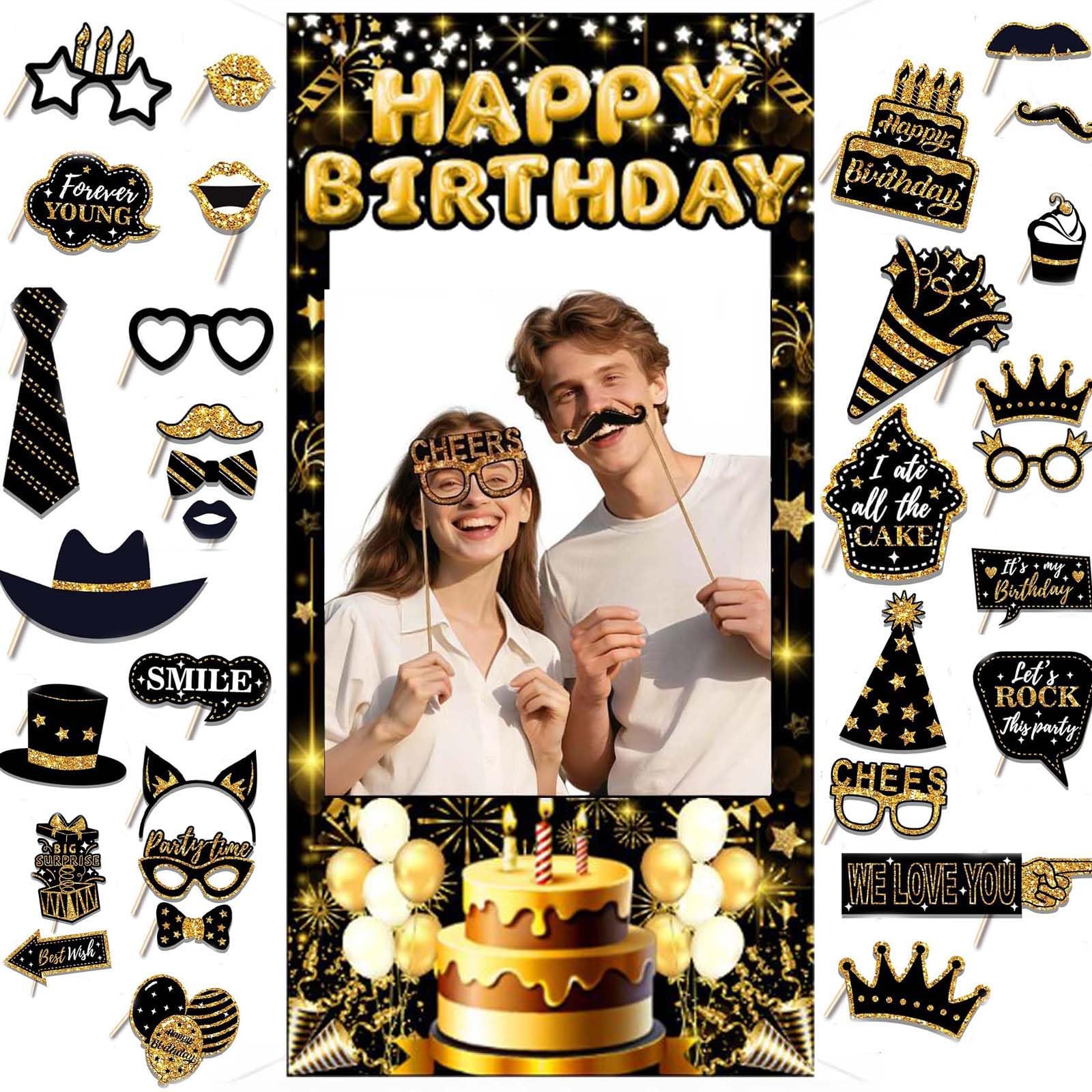 37Pcs Photo Booth Props Set, Black Gold Birthday Banner Photo Booth Props Background, Happy Birthday Background for Men Women Party Supplies Decoration