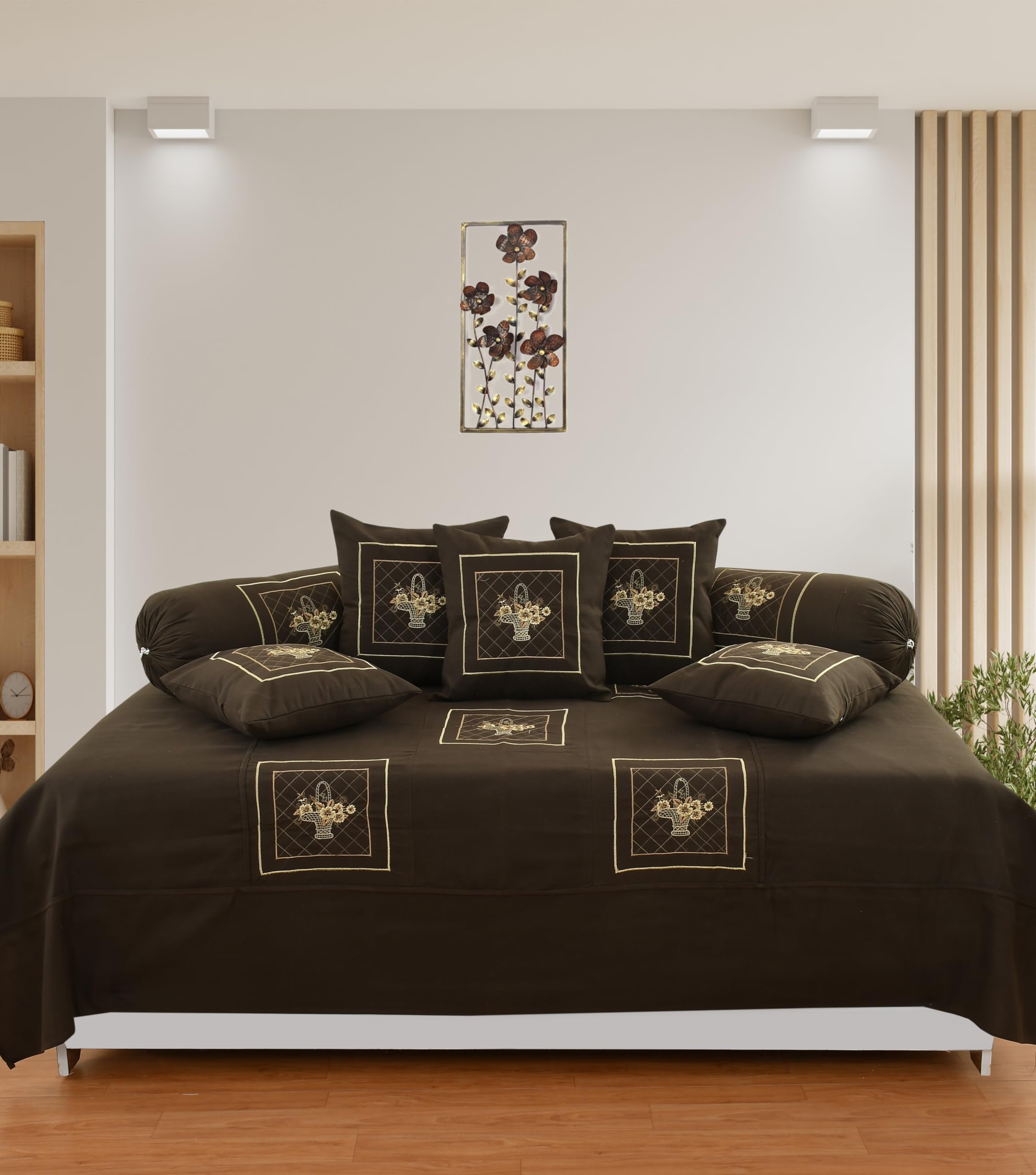 Morya Homes Soft & Luxurious embodied Cotton Feel Diwan Set- Set of 8, 1 bedsheet,5 Cushions,2 Bolster Covers buket Coffee-image-39