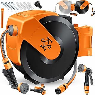 KESSER® Schlauchtrommel mit Gartenschlauch 25m | Wasserschlauchtrommel zur Wandmontage | Wandhalterung | 180° schwenkbar & automatische Aufrollung | Wand-Schlauchbox inkl. 7-Funktionen Handbrause
