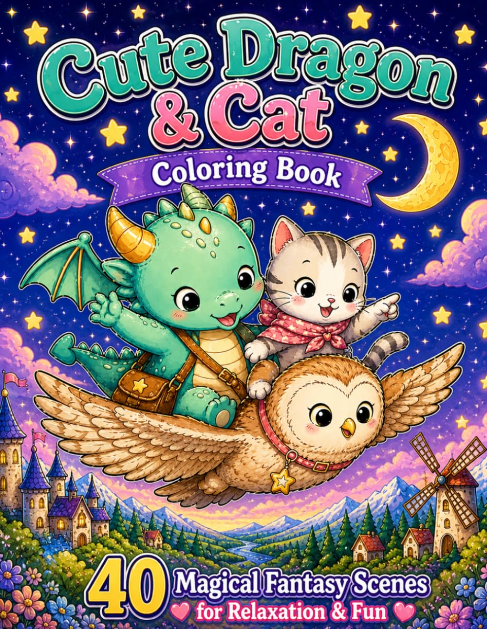 Cute Dragon & Cat Coloring Book for Kids and Adults: 40 Magical Fantasy Scenes for Relaxation, Stress Relief, and Creative Fun