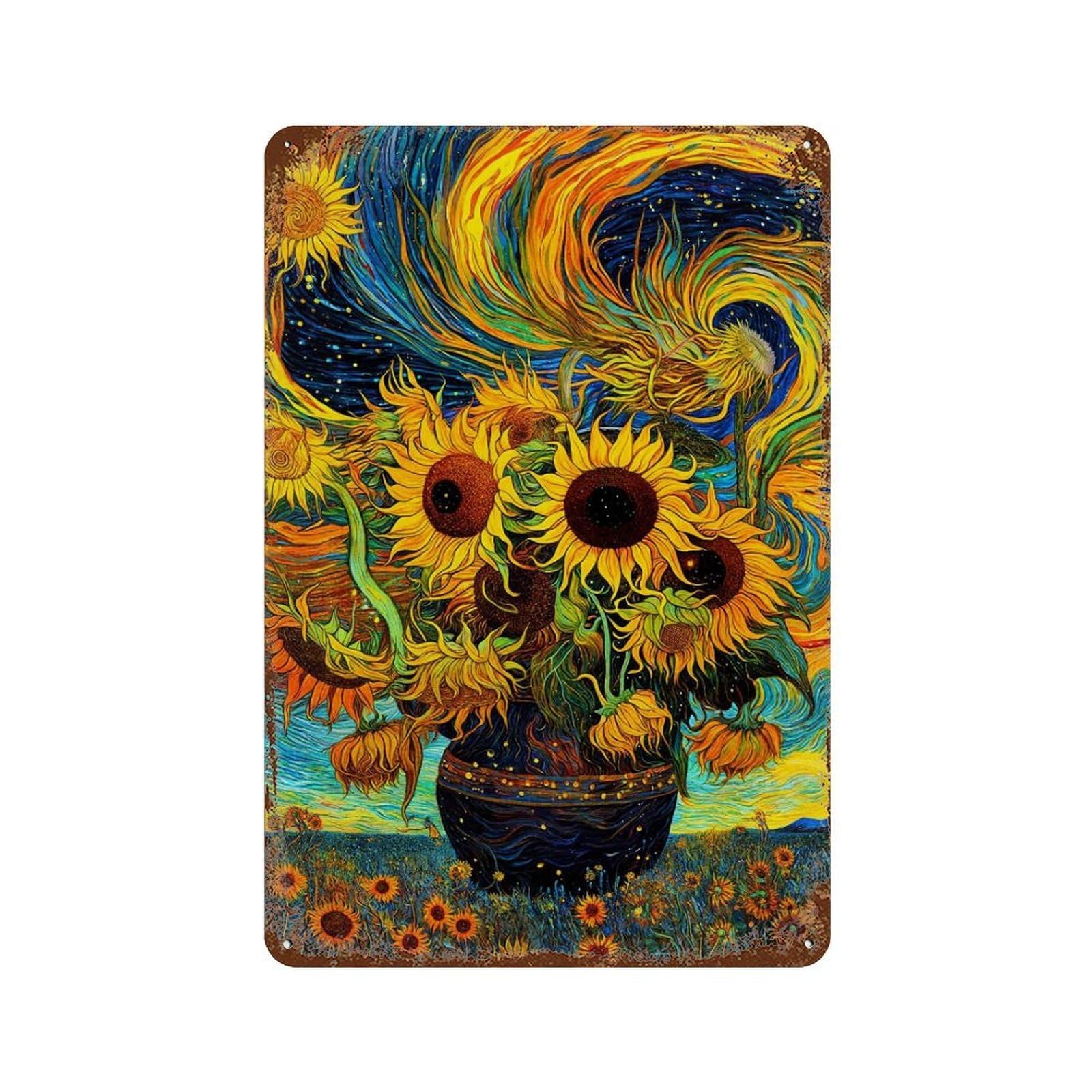 Sunflower Field Art Print Rust Effect Tin Sign 11.8"x7.9", Rustic Home Decor for Cafe, Home Bar And Lounge Decor