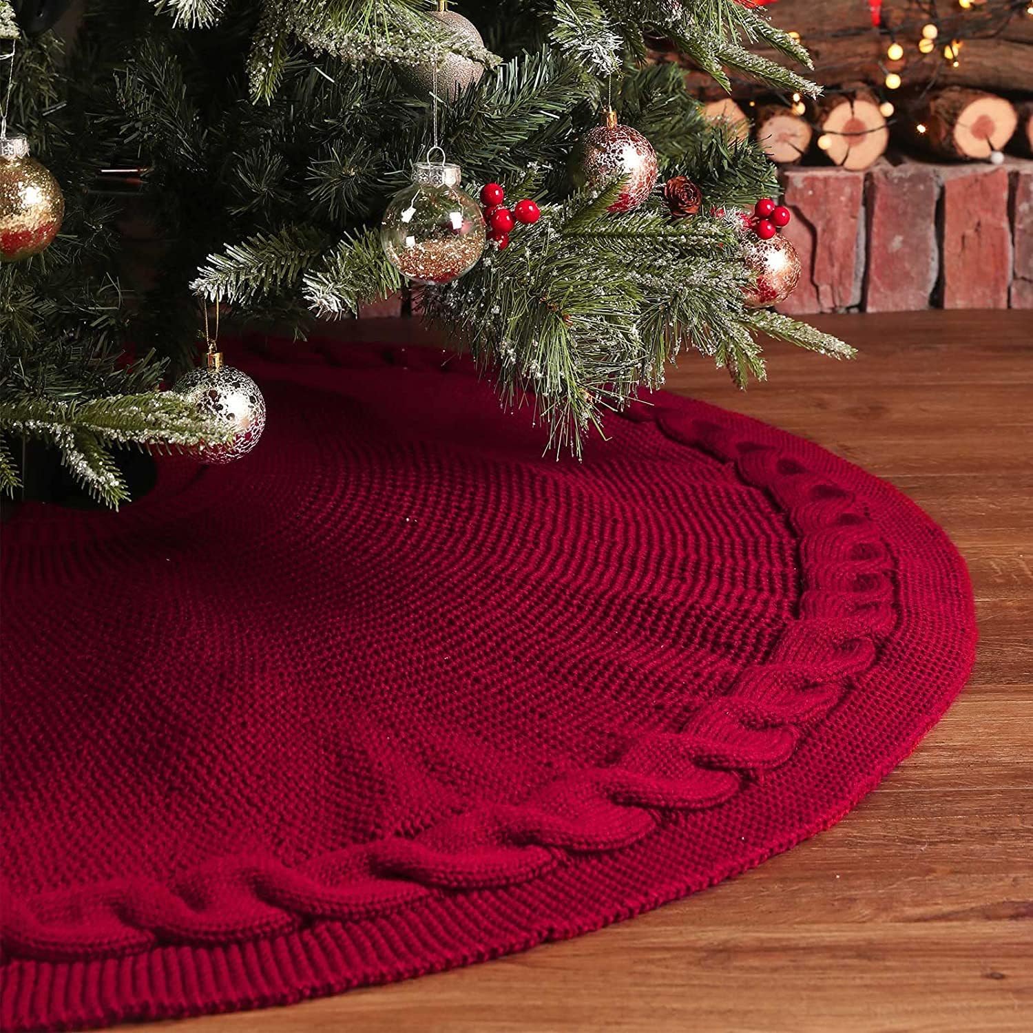 36 Inch Knitted Christmas Burgundy Tree Skirt for 5-6 FT Tree Decorations