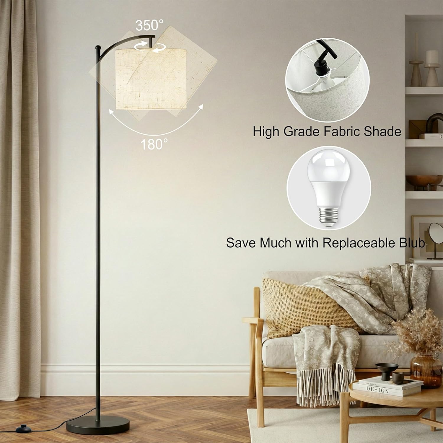 mukuxin Floor Lamp, LED Floor Lamp with Foot Switch & Adjustable Linen Lampshade, Tall Modern ARC Standing Lamps for Living Room Office Bedroom (9W Replaceable Blub)
