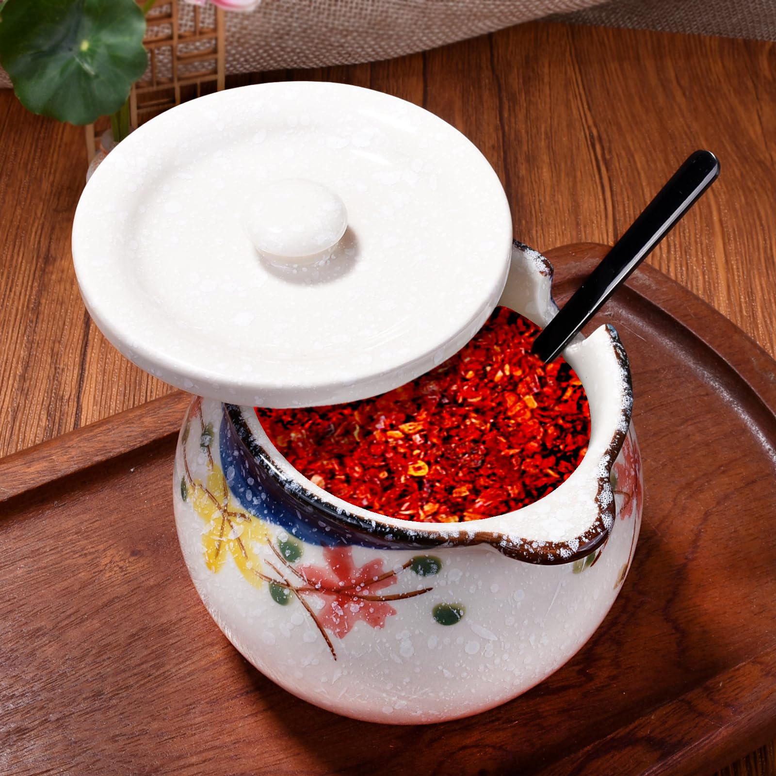 Azucarero Rojo De Cerámica Con Tapa De Bambú - Capacidad 250 Ml, Diseño Minimalista, Para Cocina