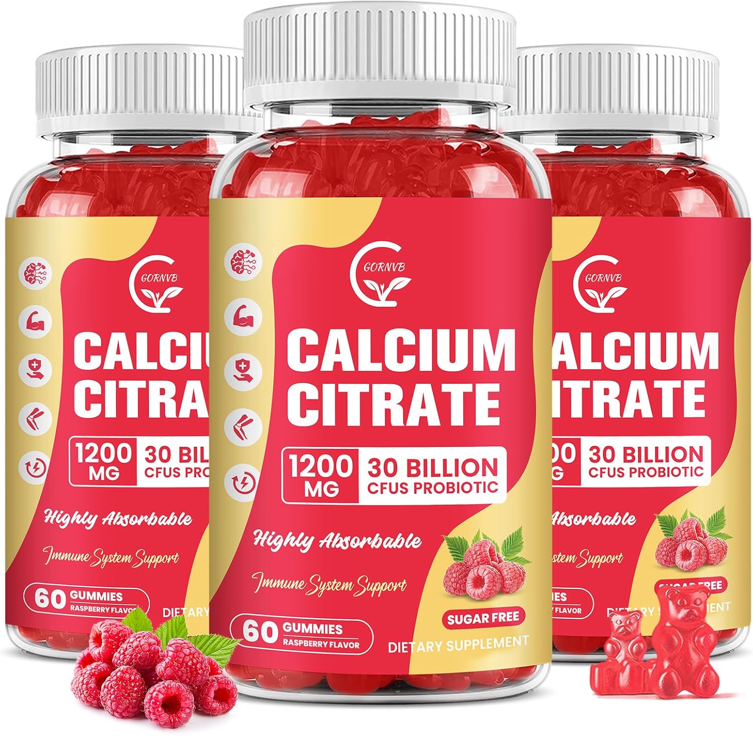 (3 Pack) Sugar Free Calcium Citrate Gummies 1200 mg with Vitamin d3, K2, Magnesium, Zinc for Bone, Muscle & Immune Support, High Absorption Calcium Supplement for Women, Raspberry Flavor, 60 Chews