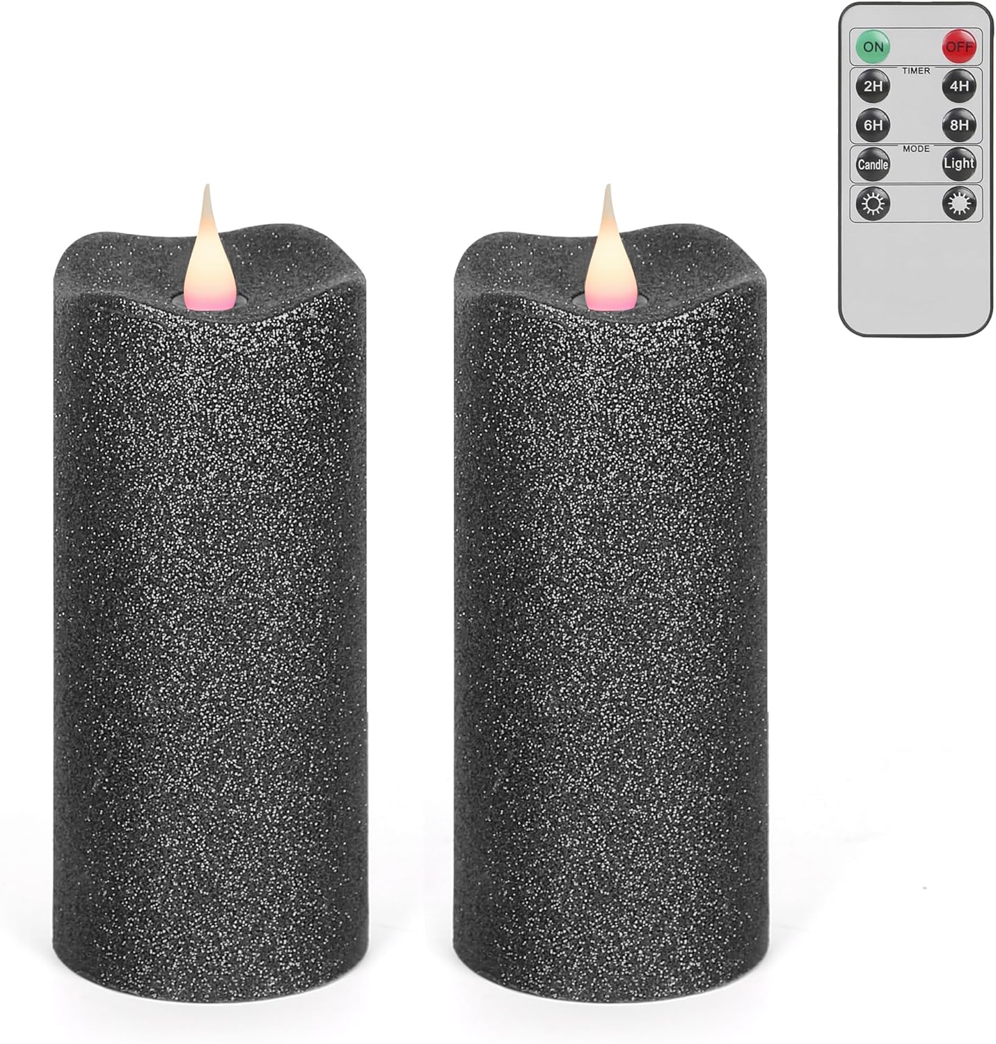 2Pcs Glitter Flameless Candles 6'' Red 3D Flickering Moving Flame Wick LED Candles Battery Powered Pillar Flameless Candle Set with Timer and Remote for Home Anniversary Events Decor