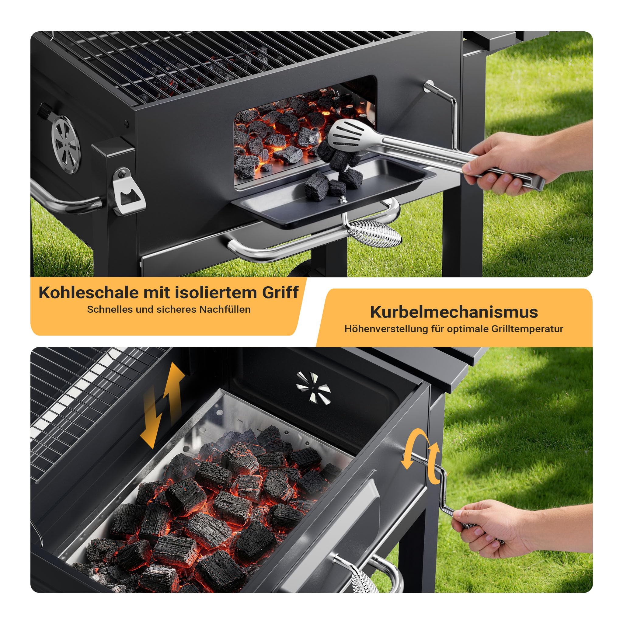 BBQ Holzkohle Grillwagen mit Deckel, Ablage und Feuerklappe, Höhenregulierung für Kohle, Thermometer