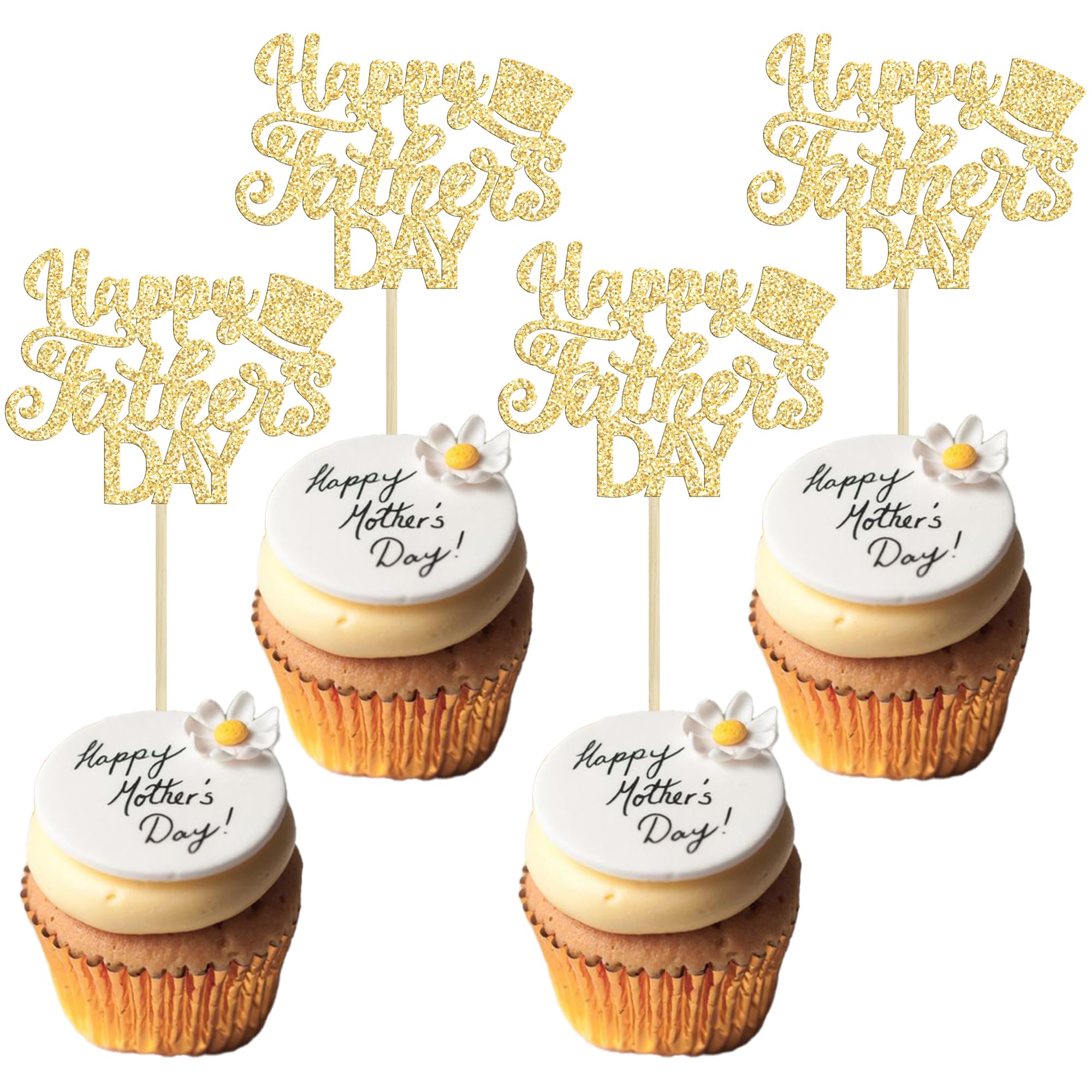 24 PCS Happy Father's Day Cupcake Toppers with Hat Gold Glitter Love Dad Best Dad Cupcake Picks Dad Birthday Decorations for Father's Day Dad Birthday