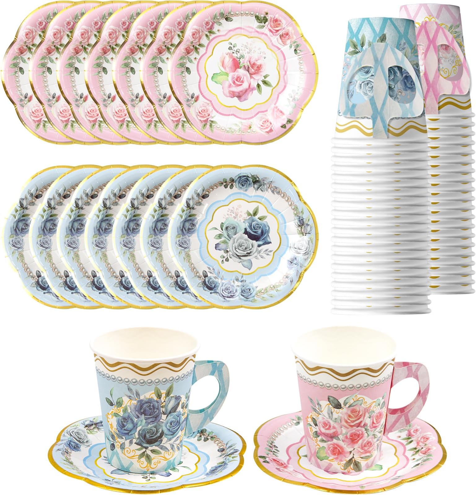 SiliFine 30 Sets Tea Party Paper Cups and Saucers, 7 oz