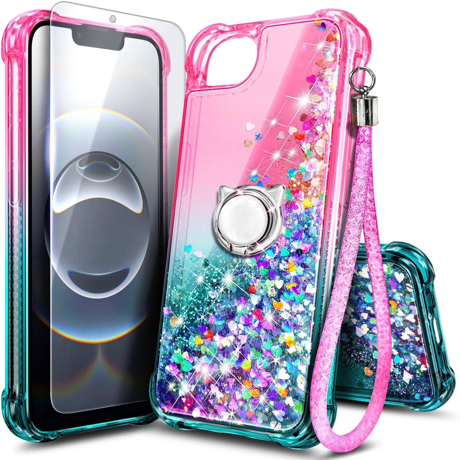 NGB for iPhone 17e Case &amp; iPhone 16e Case, Cute Liquid Glitter, Pink/Aqua