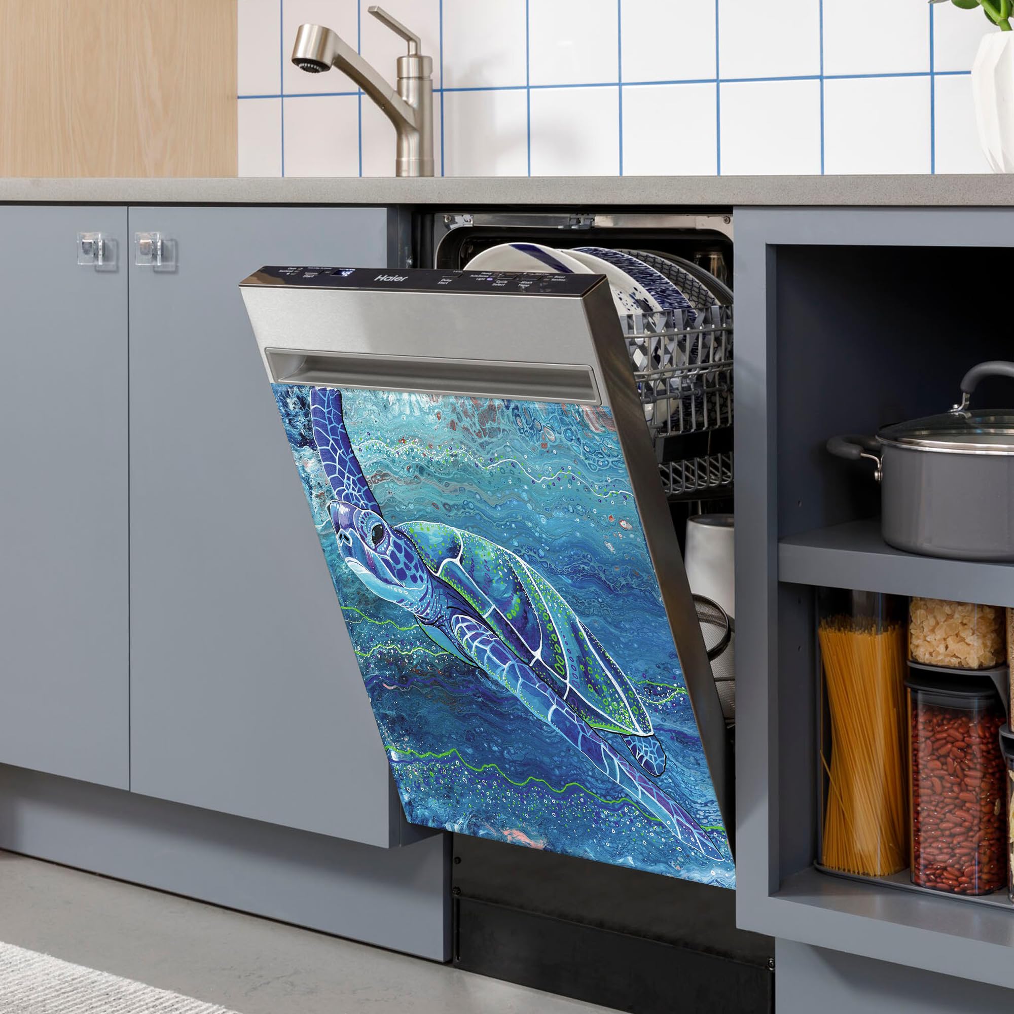 Magnetische Abdeckung Für Geschirrspüler, Buntglas-Schildkröten-Druck, 58x66 Cm – Dekorativer Aufkleber Für Kühlschrank Und Küchengeräte