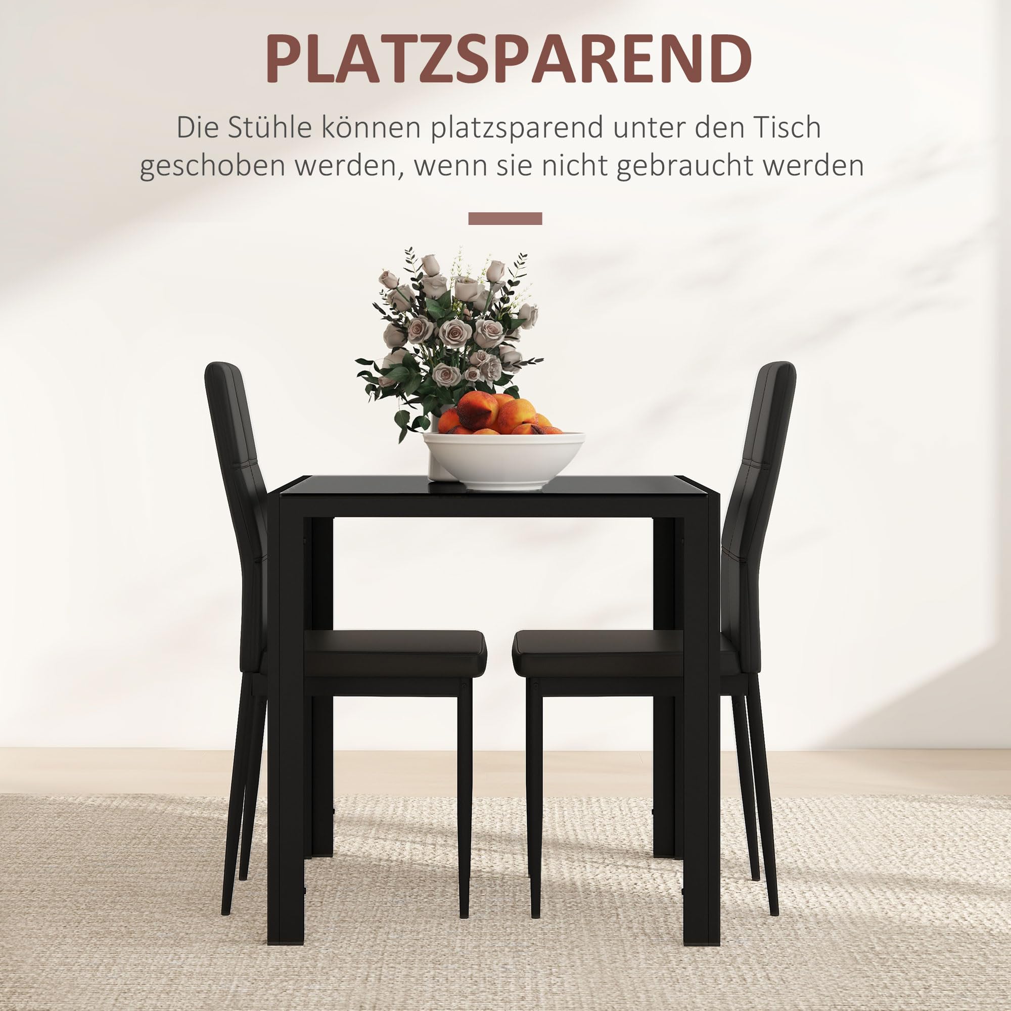HOMCOM Essgruppe Esstisch mit 2 Stühlen Platzsparend Esszimmergruppe Sitzgruppe, Tischplatte aus Sicherheitsglas, Kunstleder Küchentisch-Set für Esszimmer, Küche Schwarz