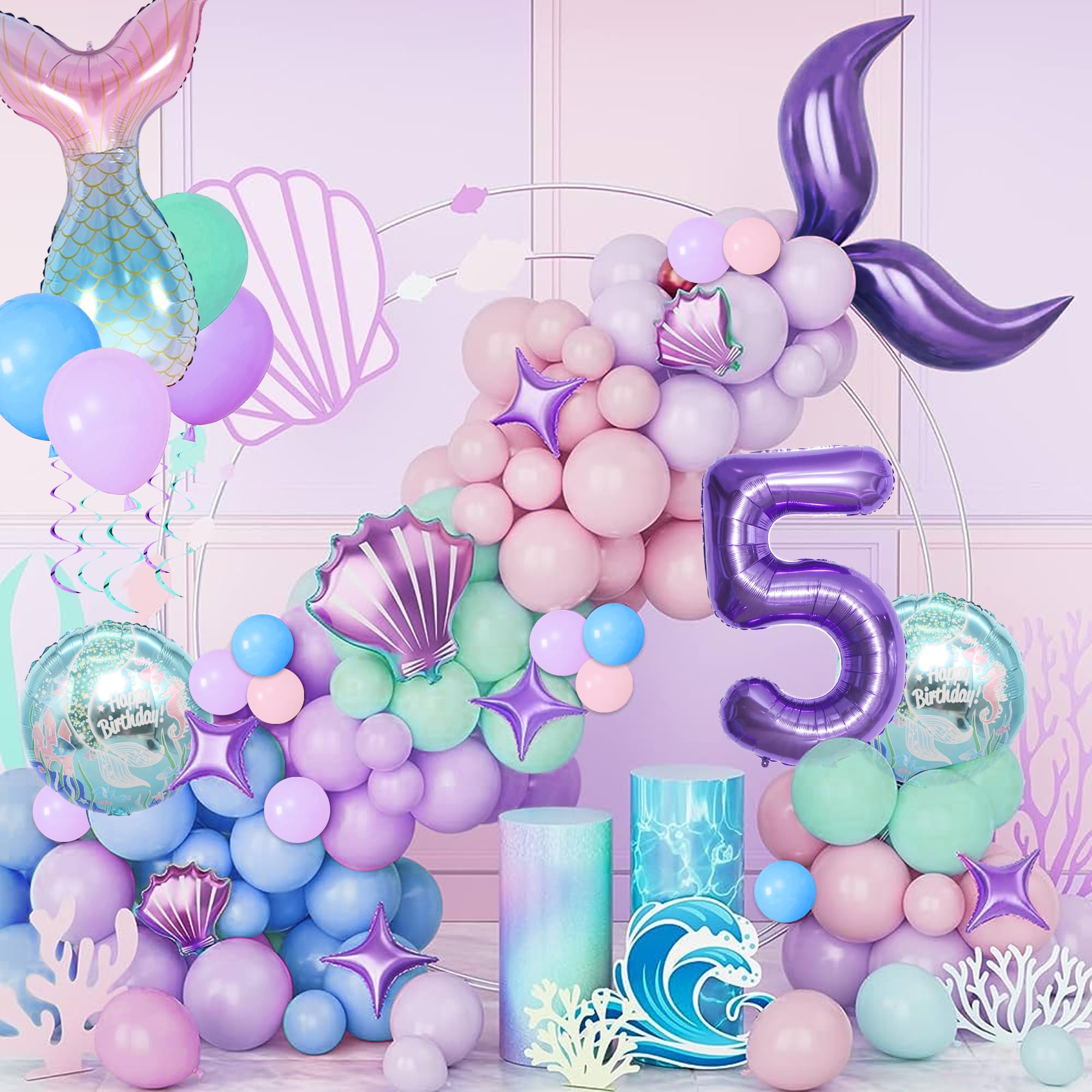 Mermaid Decorations for Birthday Party, Purple Mermaid Balloon Arch Mermaid Tail Balloon Shell Balloon Set, Under The Sea Mermaid Theme 5th Birthday Party Supplies for Girls