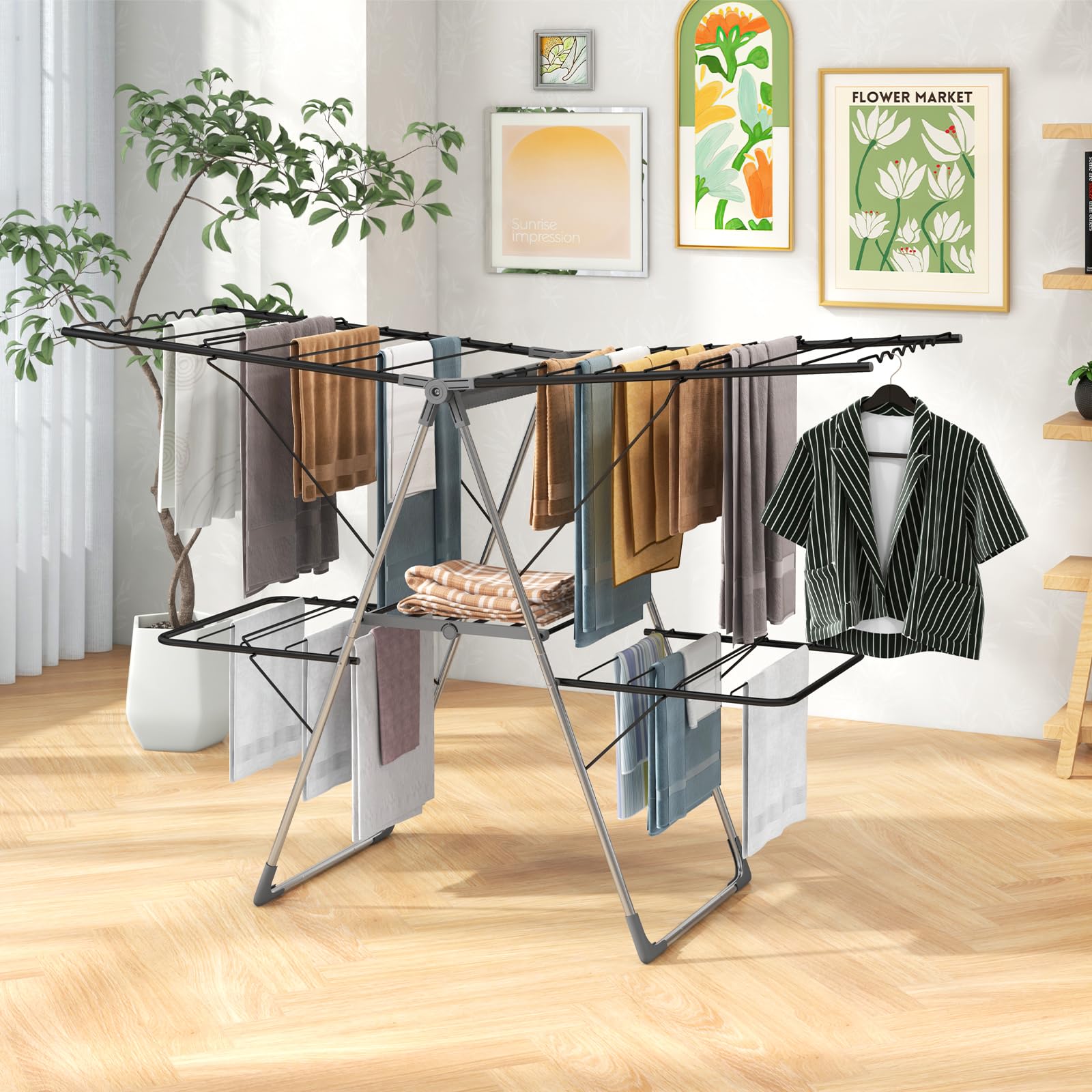 COSTWAY Etendoir Linge Pliable, Sechoir a Linge Pliable 33 Barres, Pieds en Acier Inoxydable, Hauteur Réglable 75-130 cm, Pinces à Chaussettes, Tancarville Seche Linge Intérieur Extérieur