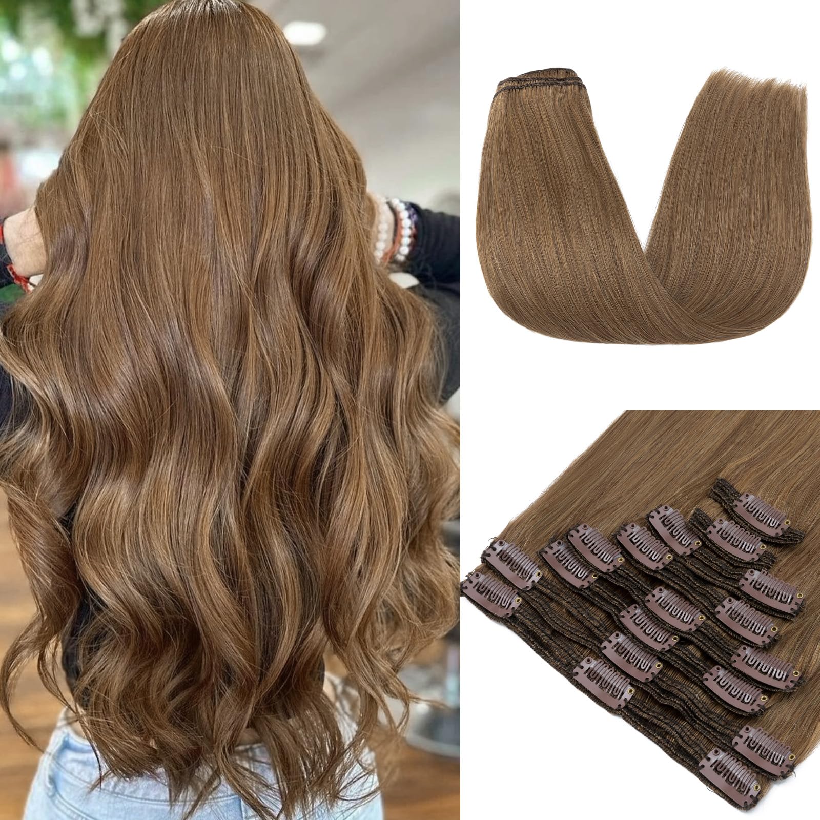 Photo 1 of MY-LADY Double Weft Clip in Hair Extensions 100% Remy Human Hair 18 inch 140g 8pcs Light Brown Full Head Thick Human Hairs Extension Clip Ins 18clips Grade 7A Quality Silky Straight #6