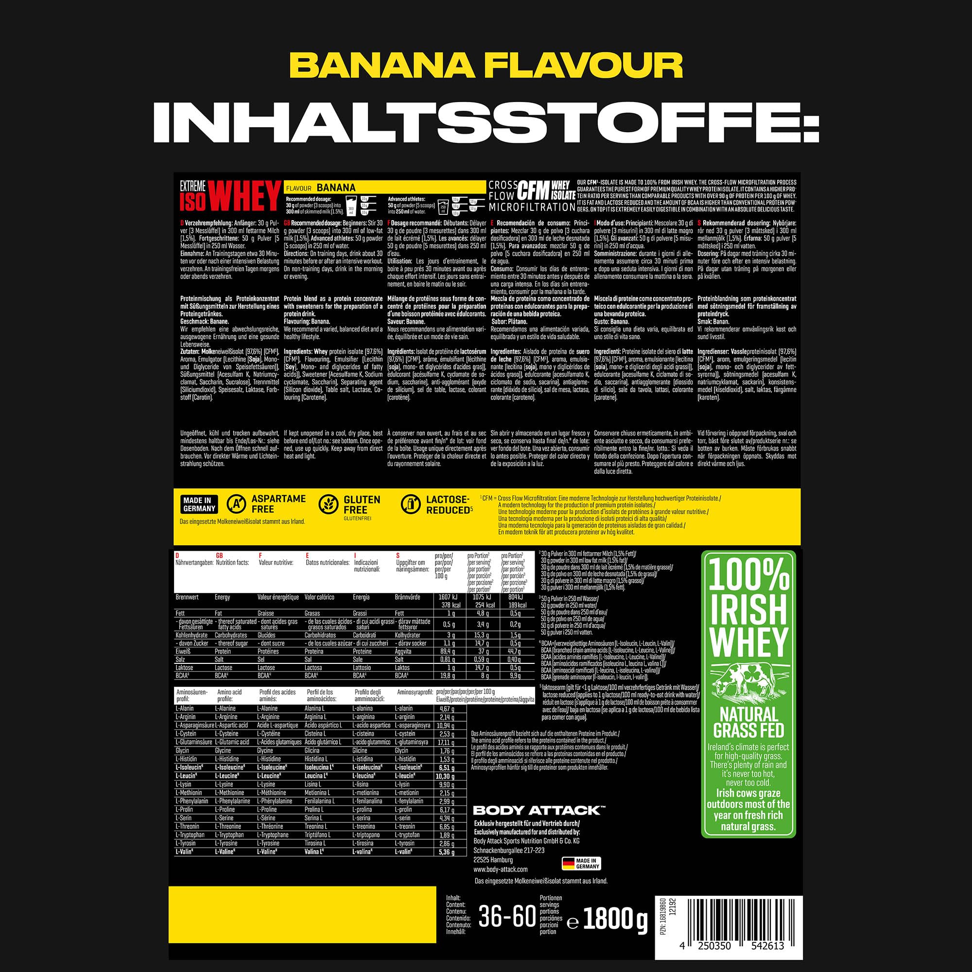Body Attack Extreme Iso Whey, Banana, 1,8 kg, CFM Whey Protein Isolato in 100% latte di salice irlandese, senza glutine, ricco di EAA, perfettamente solubile, a basso contenuto di grassi, senza