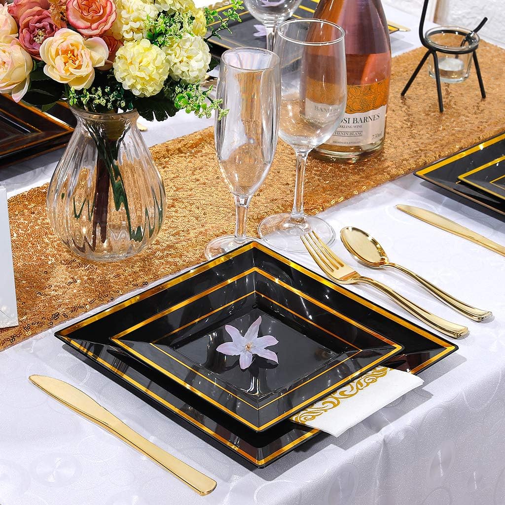 WDF 125Pieces Black Square Plastic Plates with Gold Rim Gold Disposable Silverware - include 25Pcs Dinner Plates,25Pcs Dessert Plates,25 Forks, 25 Knives, 25 Spoons for New Year - Image 4