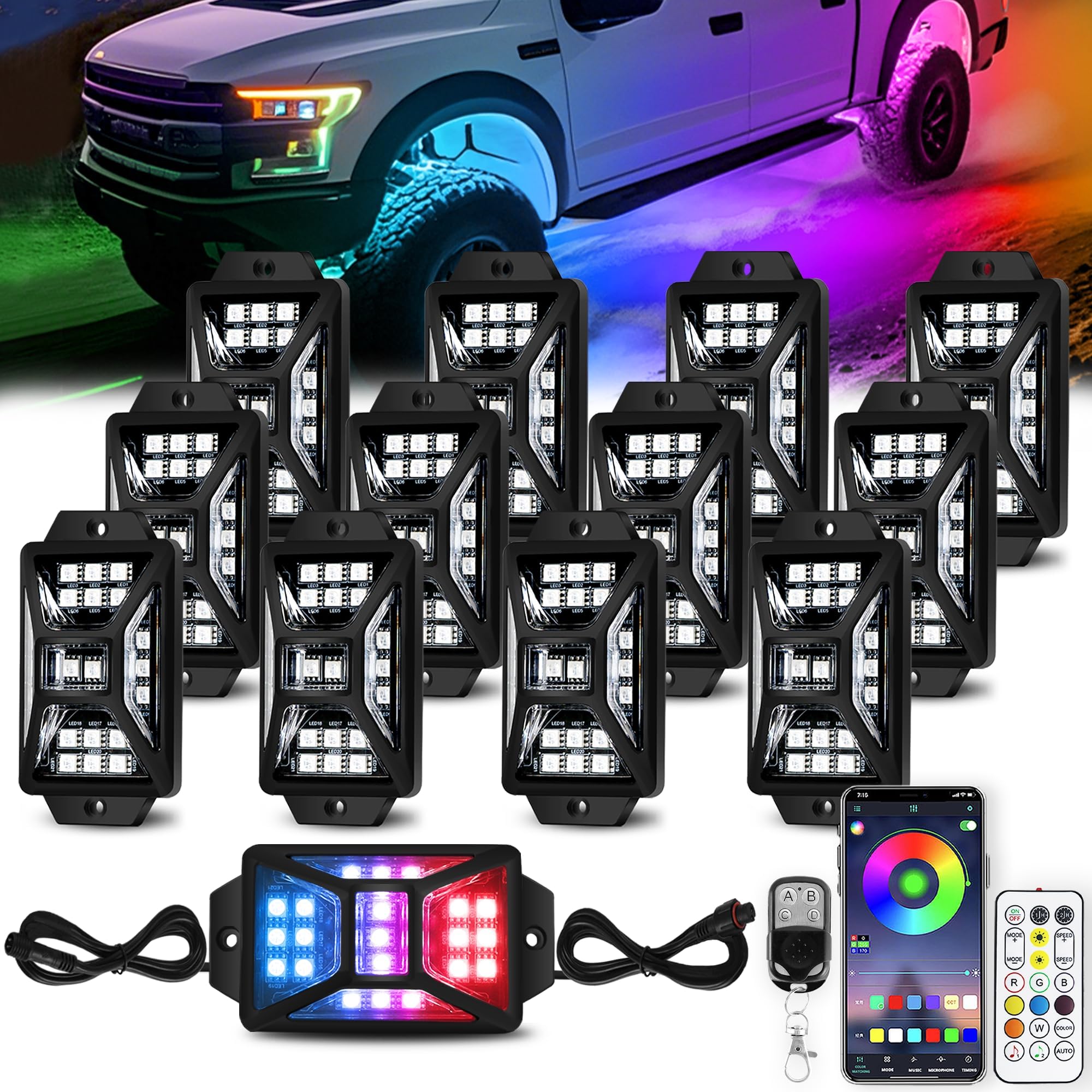 12 Pods 35 LEDs Super Bright Five Side Full Angle RGB Rock Lights, App/Remote Control Rock Lights for Trucks,Waterproof, Multi-Color, Music Mode, Compatible with 12V Jeep UTV SUV ATV Golf Cart