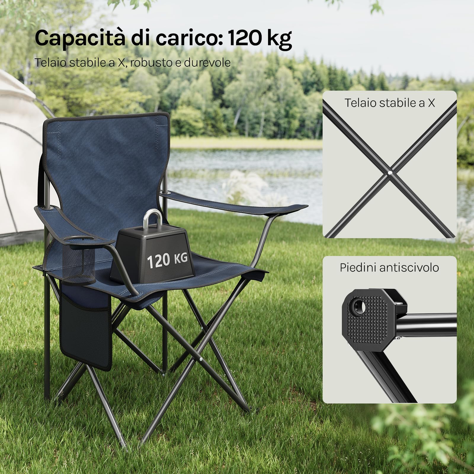 WOLTU Set di 2 Sedie da Campeggio, Sedie Pieghevoli con Borsa di Trasporto, Portabicchiere e Tasca Laterale, Portata 120 kg Ciascuna, per Pesca, Picnic e Spiaggia,Blu Scuro