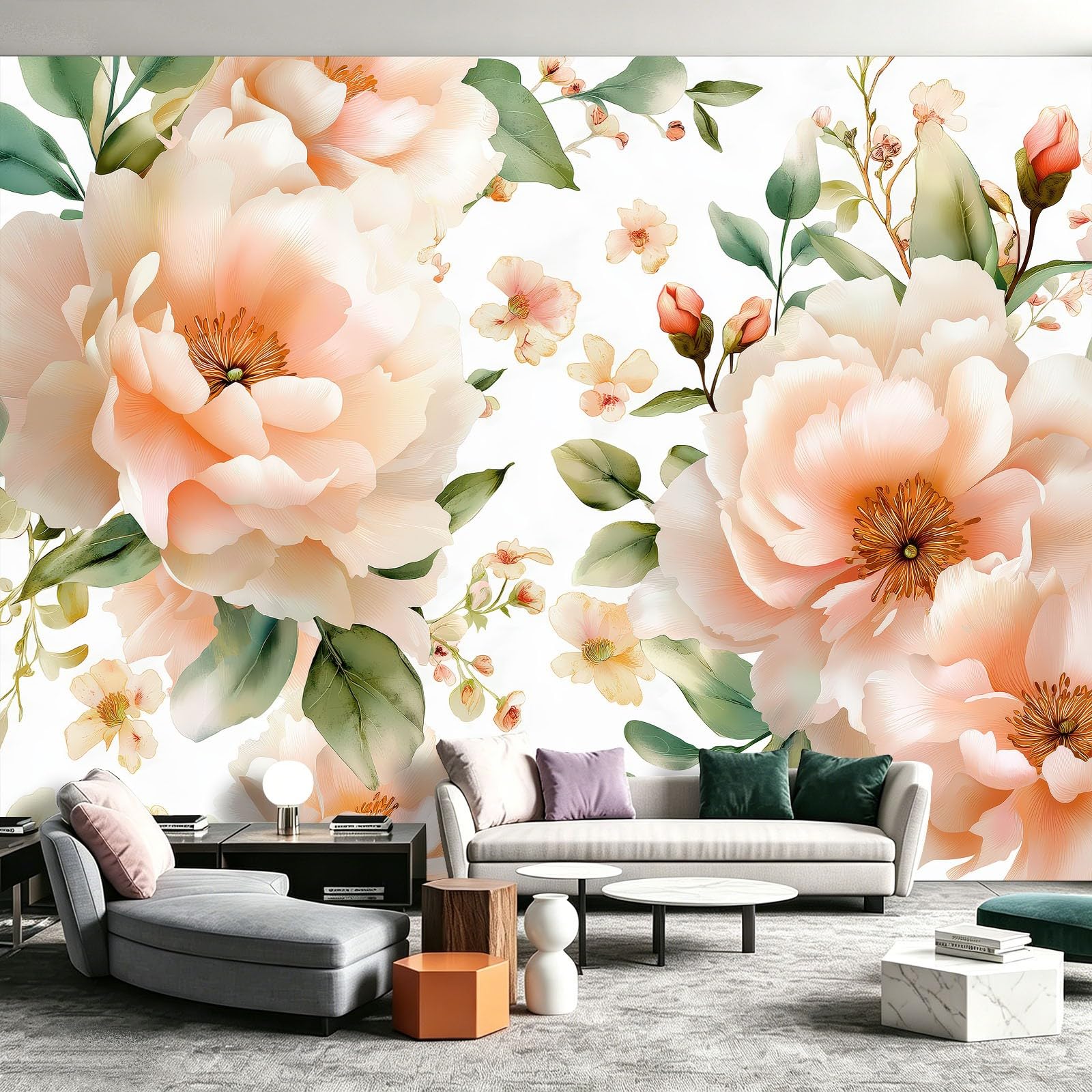 Panoramiczna tapeta akwarelowa kwiaty 400 x 280 cm (dł. x wys.), dekoracja ścienna do pokoju dziecięcego salon kuchnia - gobelin unikalny i nowoczesny design - Piwonia zielone liście