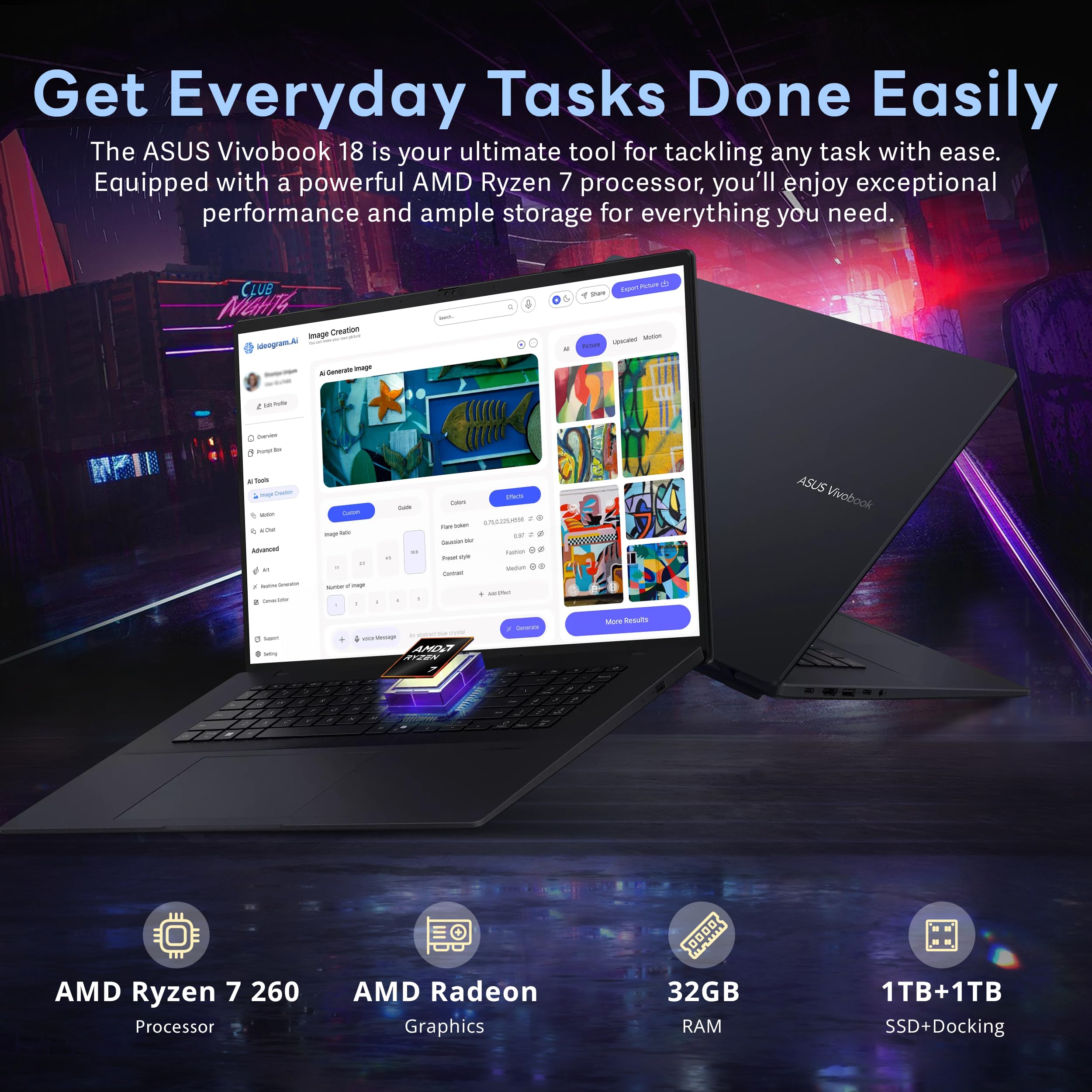 ASUS Vivobook 18 18" WUXGA 144Hz Business Laptop, AMD Ryzen 7 260, 32GB DDR5, 2TB di storage (SSD 1TB + docking station 1TB), grafica AMD Radeon, PC Copilot+, tastiera retroilluminata, Wi-Fi 6, Win 11