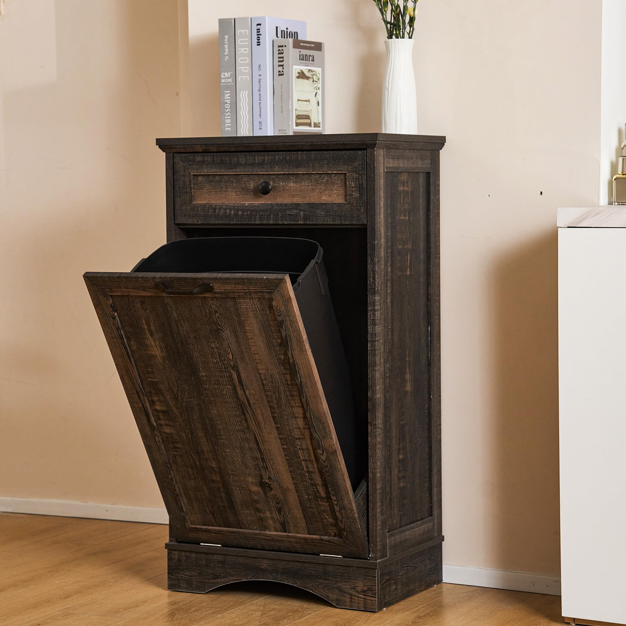 Spurgehom Trash Cabinet,Tilt Out 13 Gallon Trash Can Cabinets,Wooden FreeStanding Waste Bins Kitchen Cabinet with Hideaway Drawer and Pet Proof Trash