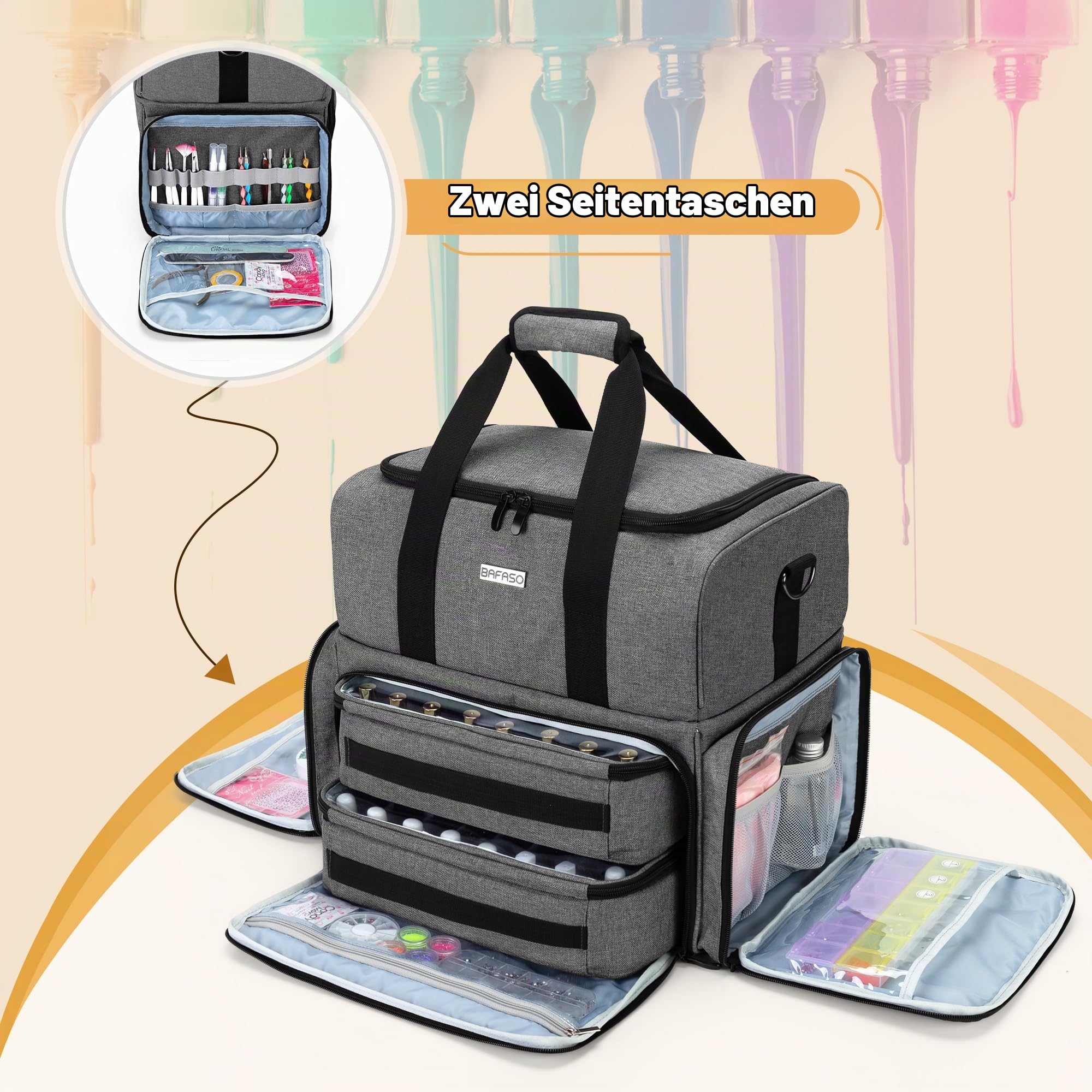 BAFASO Nagellack Aufbewahrung Tasche, Nagellack Tasche Groß Organizer | Kosmetiktasche für 80 Flaschen Nagellack (BIS ZU 15 ML), Nageltrockner und Nagellack Zubehör Set, Grau