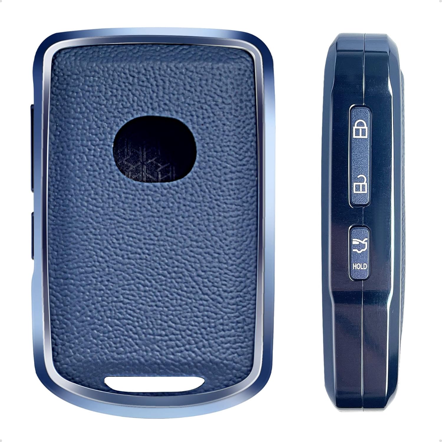 Blue Leather and Aluminum Frame Smart Key Case Cover Compatible for 2020 2021 2022 Mazda 3 6 CX-30 CX-5 CX-9 3/4 Button Keyless Car Remote Accessory