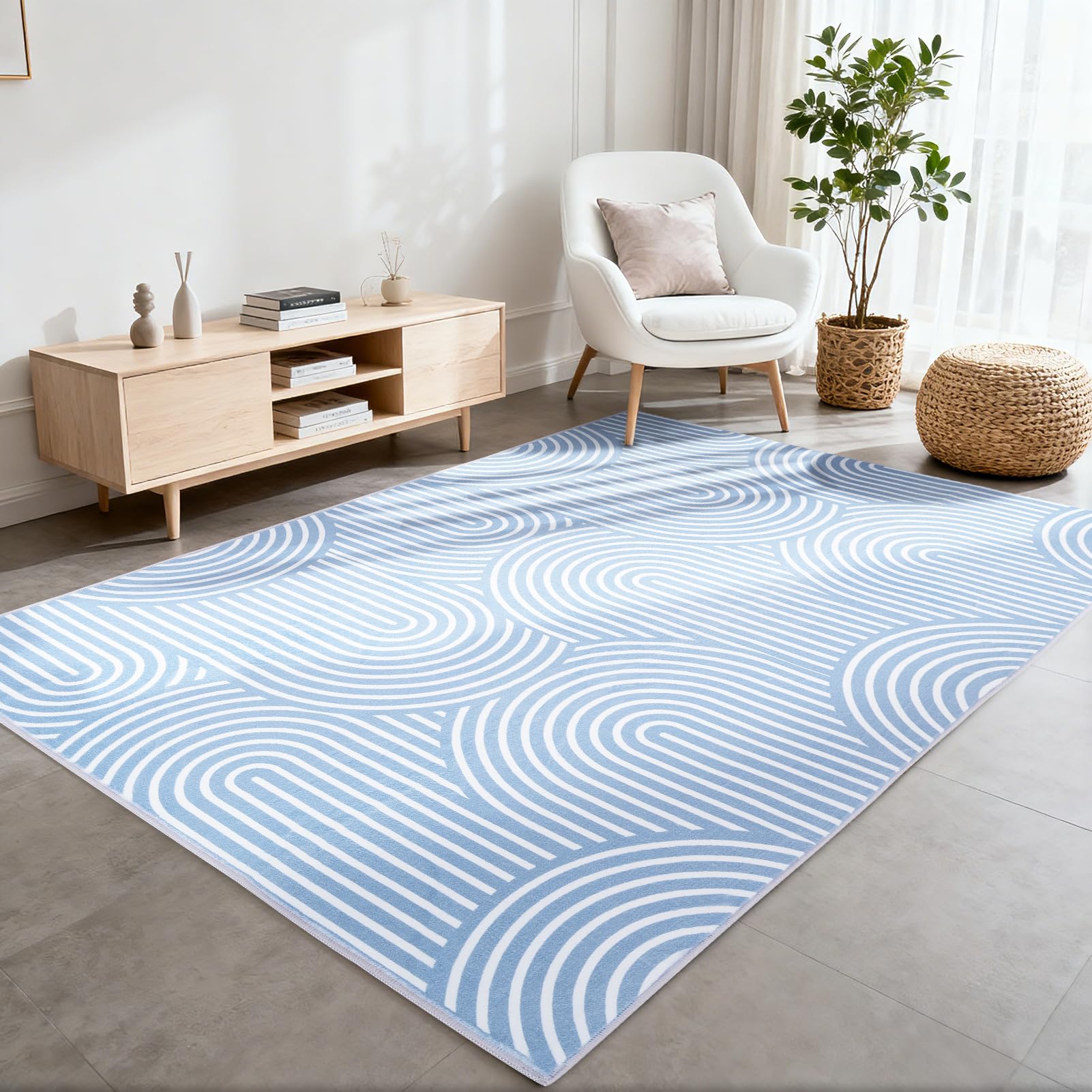 Wohnzimmerteppich 200x280 cm, waschbarer geometrischer Teppich fürs Schlafzimmer, kurzflorig, weich und rutschfest, abstrakter großer Teppich für Klassenzimmer, Esszimmer, Büro, Kinderzimmer, Blau
