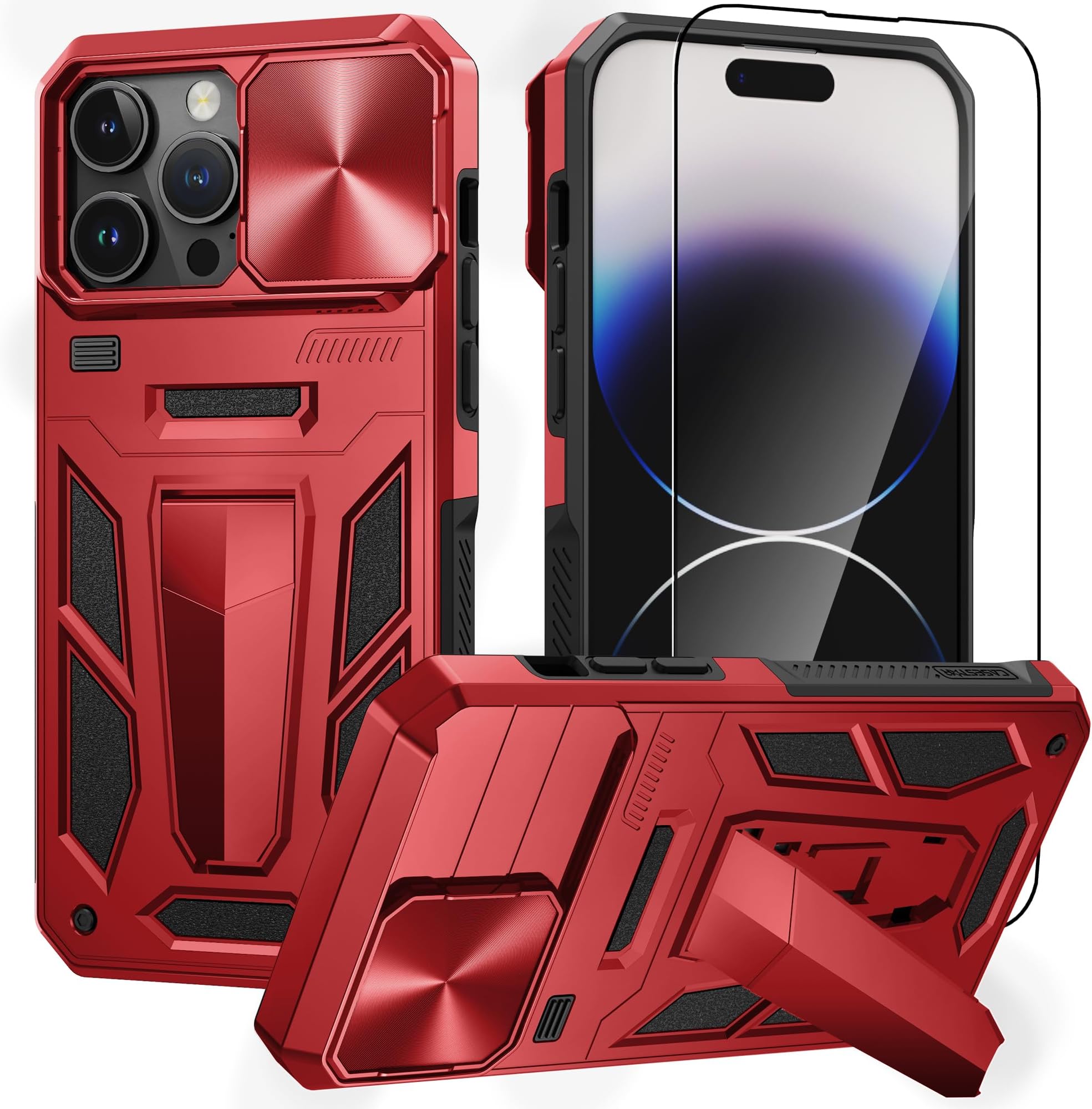 CASESTAR Military Armor Series Case For iPhone 14 Pro Max，Build-in Kickstand & Camera Protection Sliding Cover With Screen Protector - (Metallic Red)