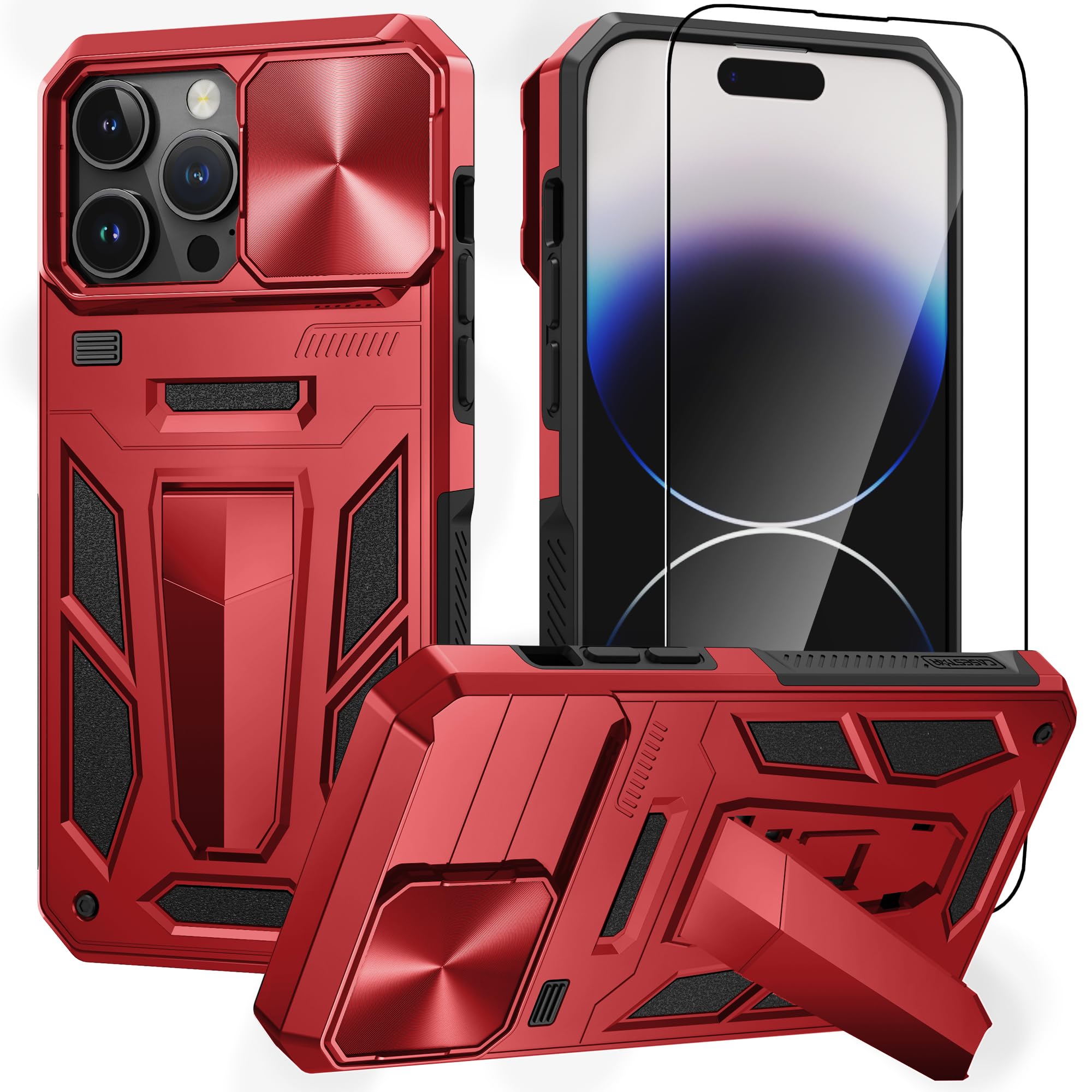 CASESTAR Military Armor Series Case For iPhone 14 Pro Max，Build-in Kickstand & Camera Protection Sliding Cover With Screen Protector - (Metallic Red)