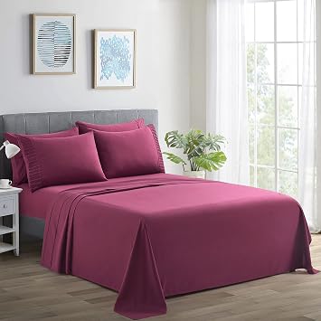 Marina Decoration Ultra Soft Silky Deep Pocket Solid Rayon from Bamboo All Season 4 Pieces Sheet Set with 2 Pillowcases, Burgundy Color Twin/Single Size