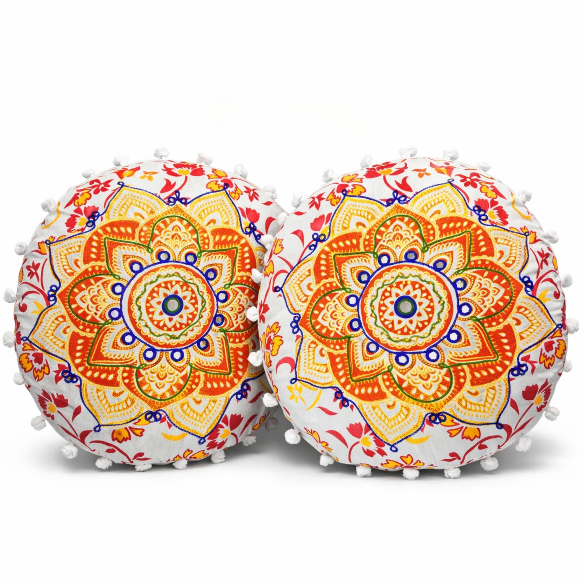 MUDACRAFT Mandala Round Orange Embroidered Cushion Covers Size-16x16x8 inch Boho Decorative with Pom-Pom Lace Ethnic Printed Sofa & Living Room Decor 100% Cotton Set of 2Pcs Cushion Covers-image-34