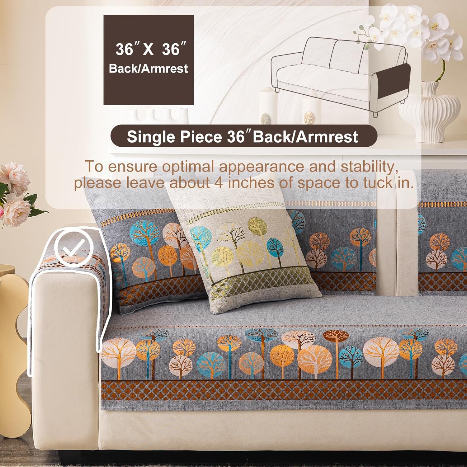 Chenille Boho Jacquard Couch Cover, Washable Sectional Sofa Covers for 3 Cushion Couch Sofa L Sharped Sofa, Non Slip Furniture Protector Slipcover (1 PCS 36"x36" Grey)