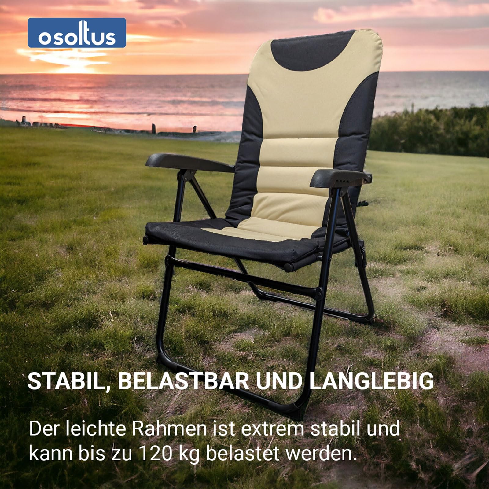 osoltus Alu Camping Klappsessel Hochlehner MPO Van schwarz/beige gepolstert