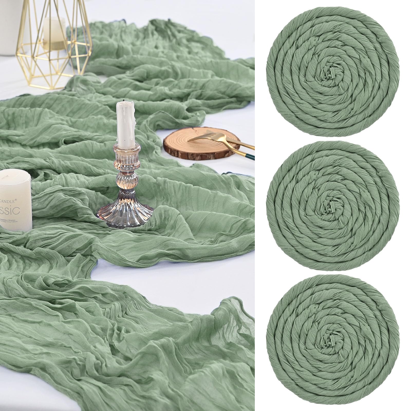 3 PCS Sage Green Cheesecloth Table Runner, 300cm 10FT Long Gauze Table Runners for Weddings, Boho Rustic Romantic Sheer Decor for Reception, Party & Bridal Shower, Reinforced Edges