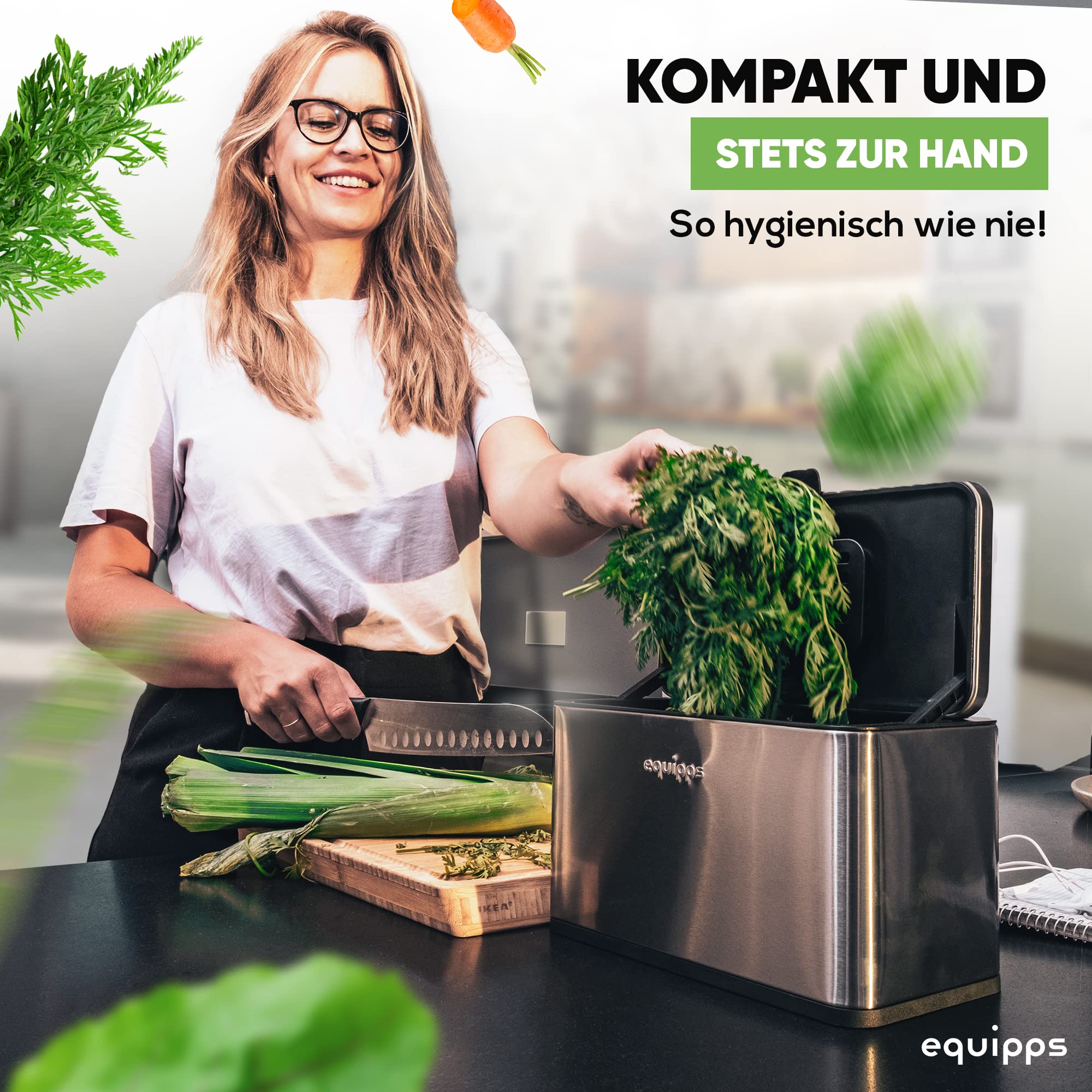 Bio Mülleimer 3L Silber | Komposteimer Küche für Bio Müll & Co | Mülleimer mit Geruchsfilter | Komposter für Abfall & Recycling | Biomülleimer Küche klein