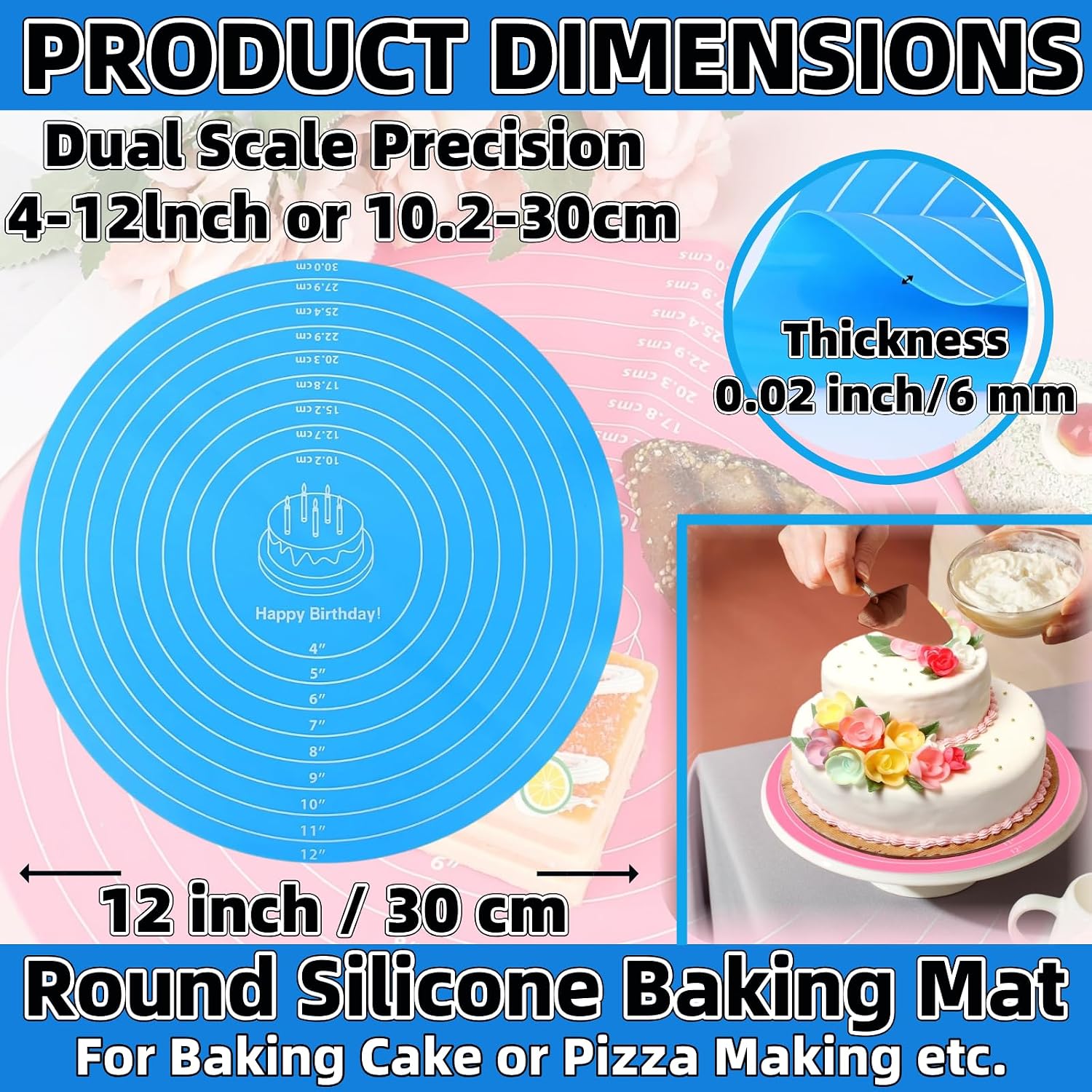 Silicone Baking Mat Cake Mat Silicone Cake Mat Silicone Baking Mat with Measurements for CakeTurntable Stand Non-Stick Heat Resistant Pastry Baking Sheet -Blue