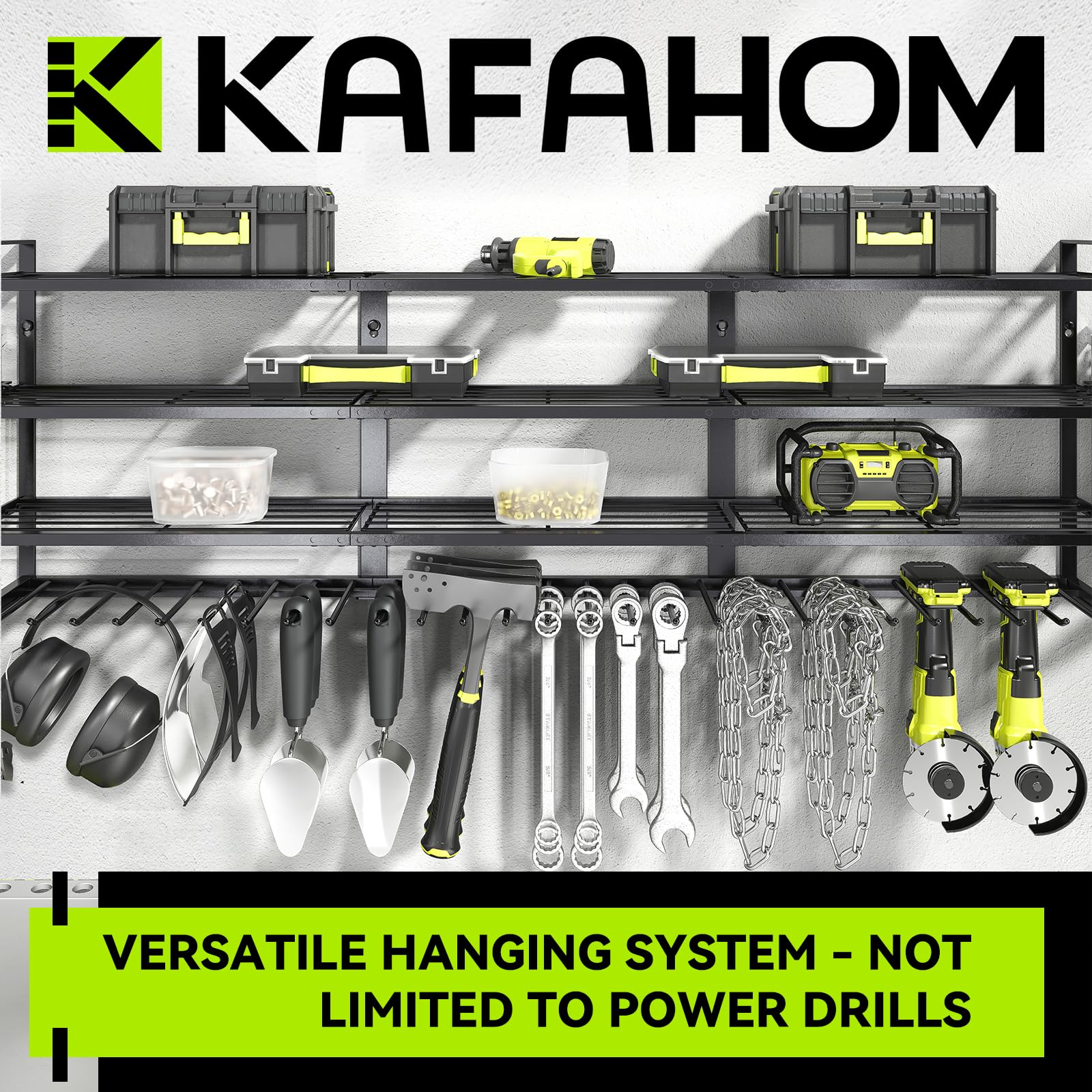 KAFAHOM Organizador grande de herramientas eléctricas de pared, soporte de 13 taladros para garaje, estante de herramientas eléctricas de 4 capas, organizador de herramientas y almacenamiento con 2