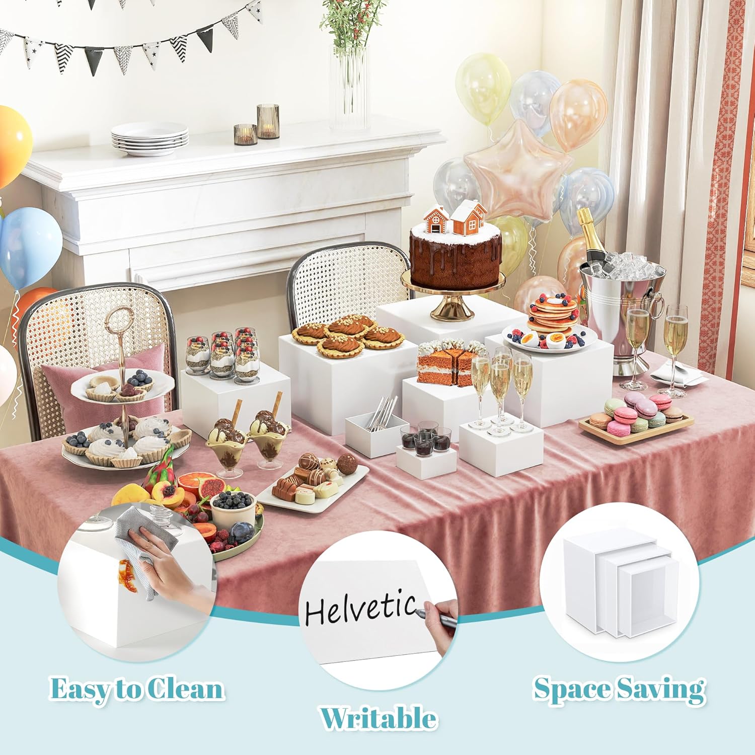 6 Pcs Large Buffet Risers for Buffet Table, White Risers for Display for Food, Dessert Table Display Set of 6 Acrylic Food Risers, Acrylic Cube Display Nesting Risers for Collectibles Jewelry Show (white, Medium, 6Pcs, With Mini Signs)