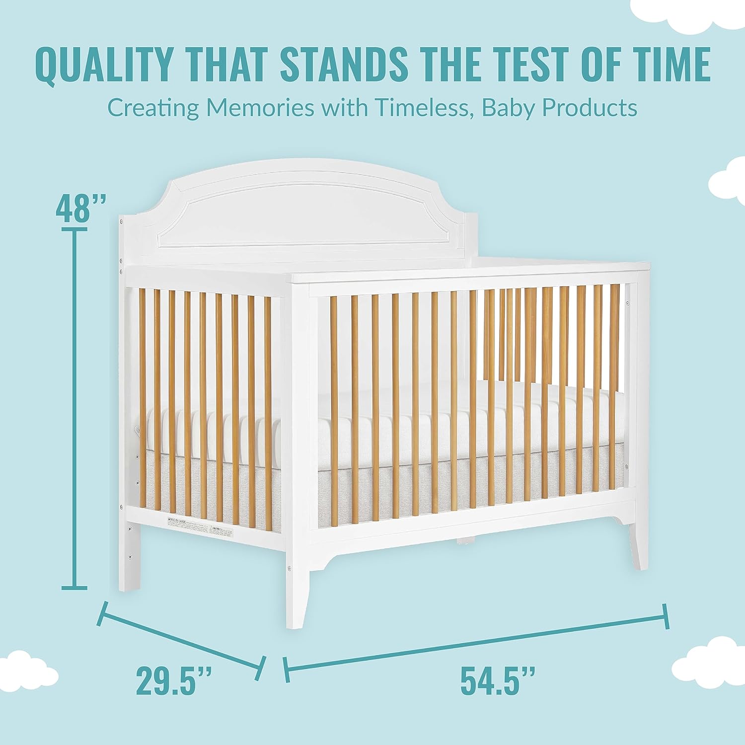 Dream On Me Milton 5-in-1 Convertible Full-Size Baby Crib, White & Natural, Wood Spindles, GreenGuard Gold & JPMA, Converts to Toddler, Day & Full-Size Bed, Adjustable Mattress Heights